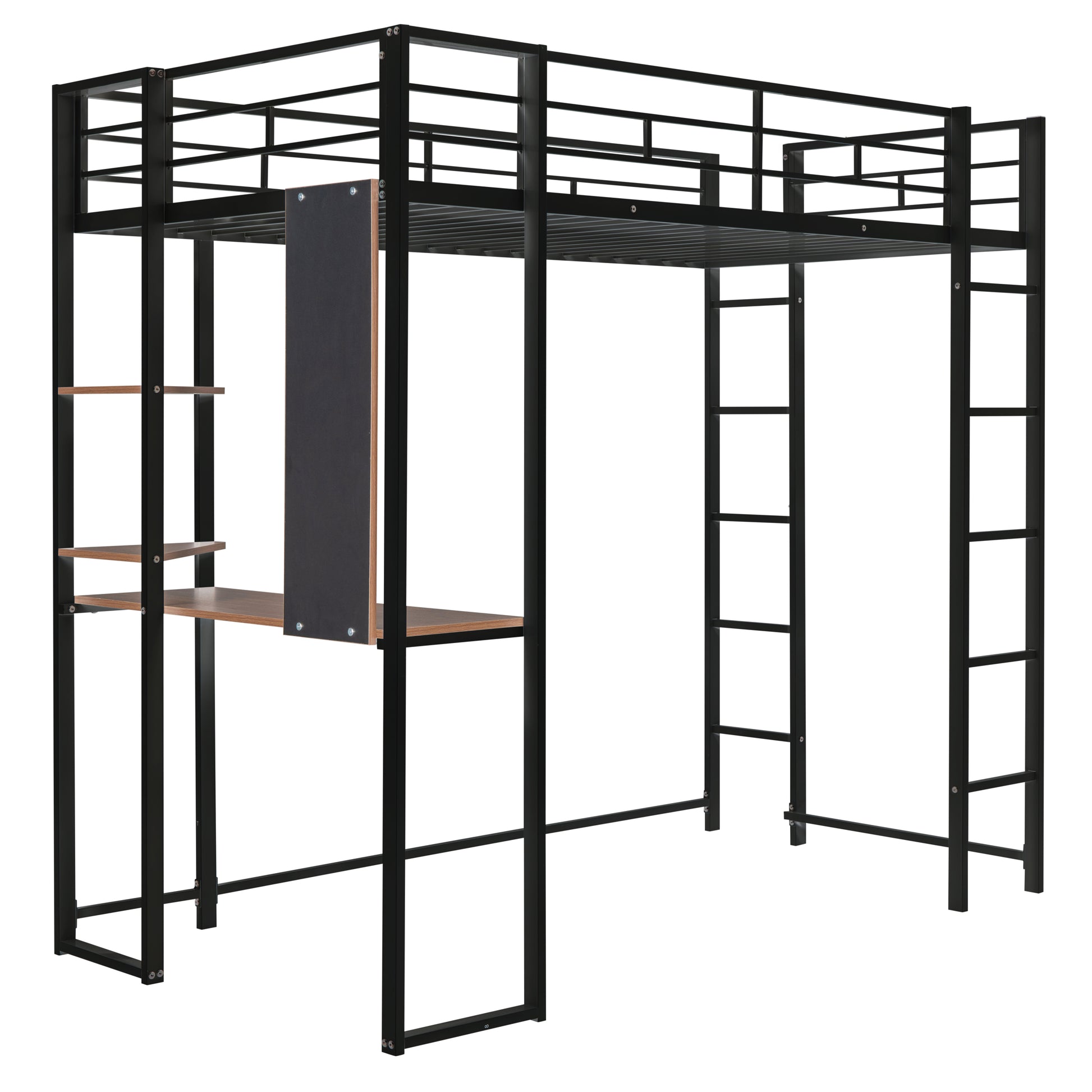 Twin Metal Loft Bed With 2 Shelves And One Desk ,Black Old Sku: Mf281206Aab Black Metal