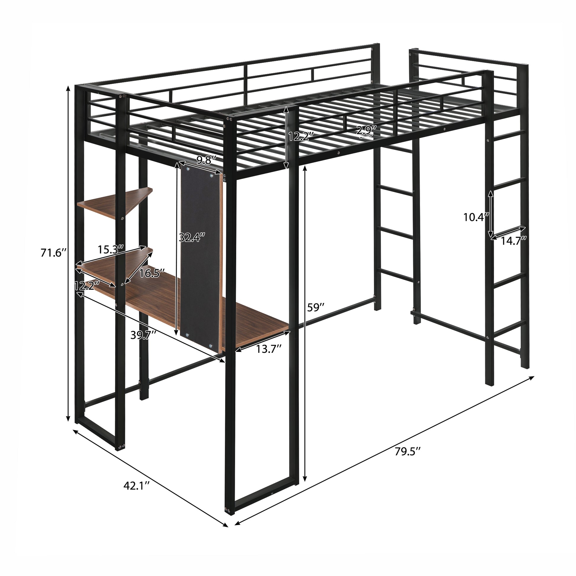 Twin Metal Loft Bed With 2 Shelves And One Desk ,Black Old Sku: Mf281206Aab Black Metal