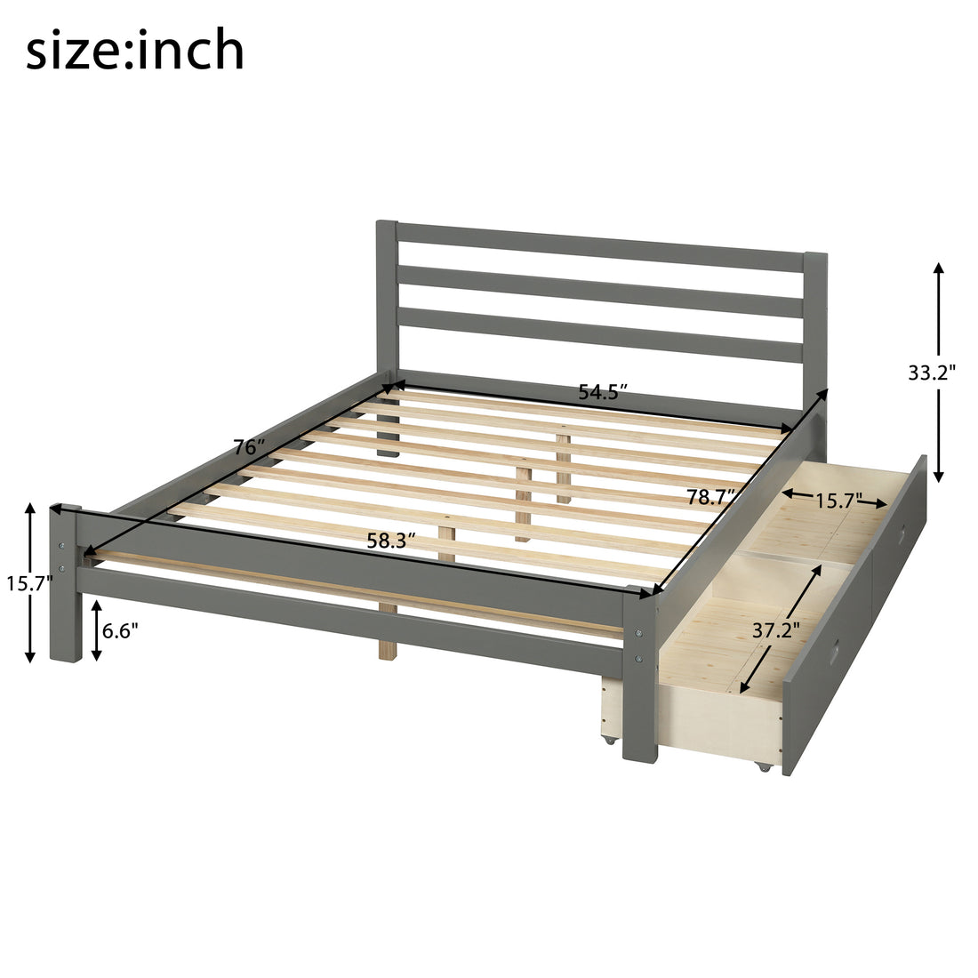 Wood Platform Bed With Two Drawers, Full Gray Gray Pine