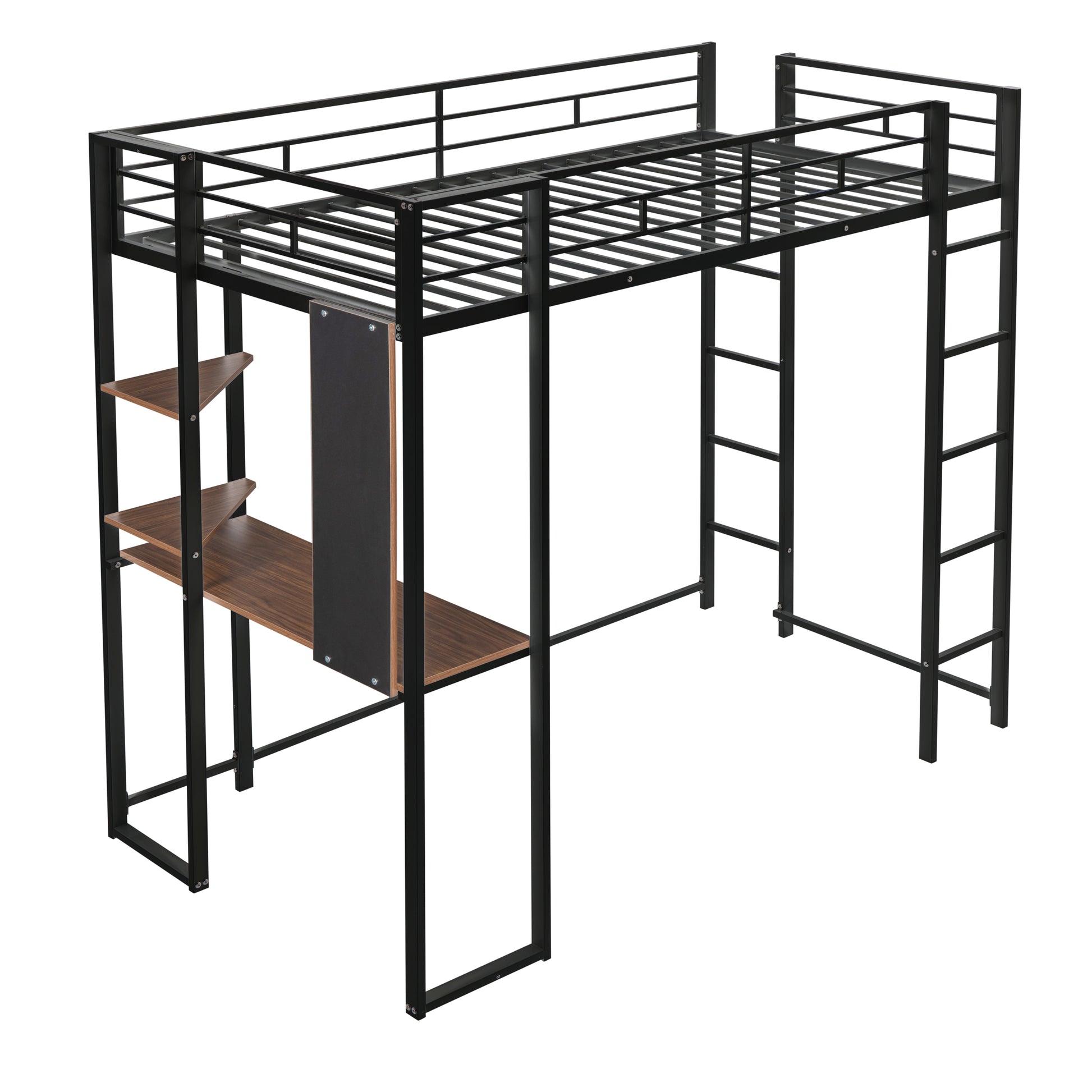 Twin Metal Loft Bed With 2 Shelves And One Desk ,Black Old Sku: Mf281206Aab Black Metal