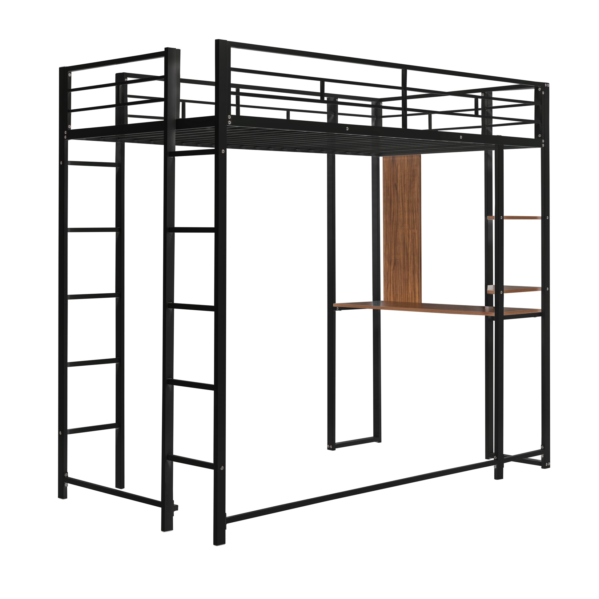 Twin Metal Loft Bed With 2 Shelves And One Desk ,Black Old Sku: Mf281206Aab Black Metal