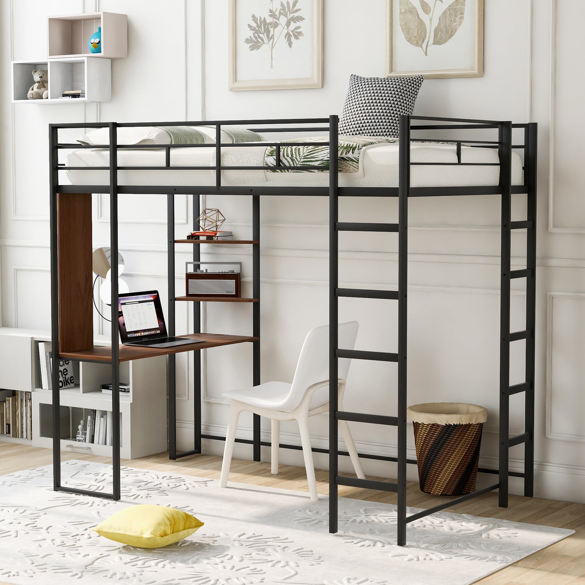 Twin Metal Loft Bed With 2 Shelves And One Desk ,Black Old Sku: Mf281206Aab Black Metal