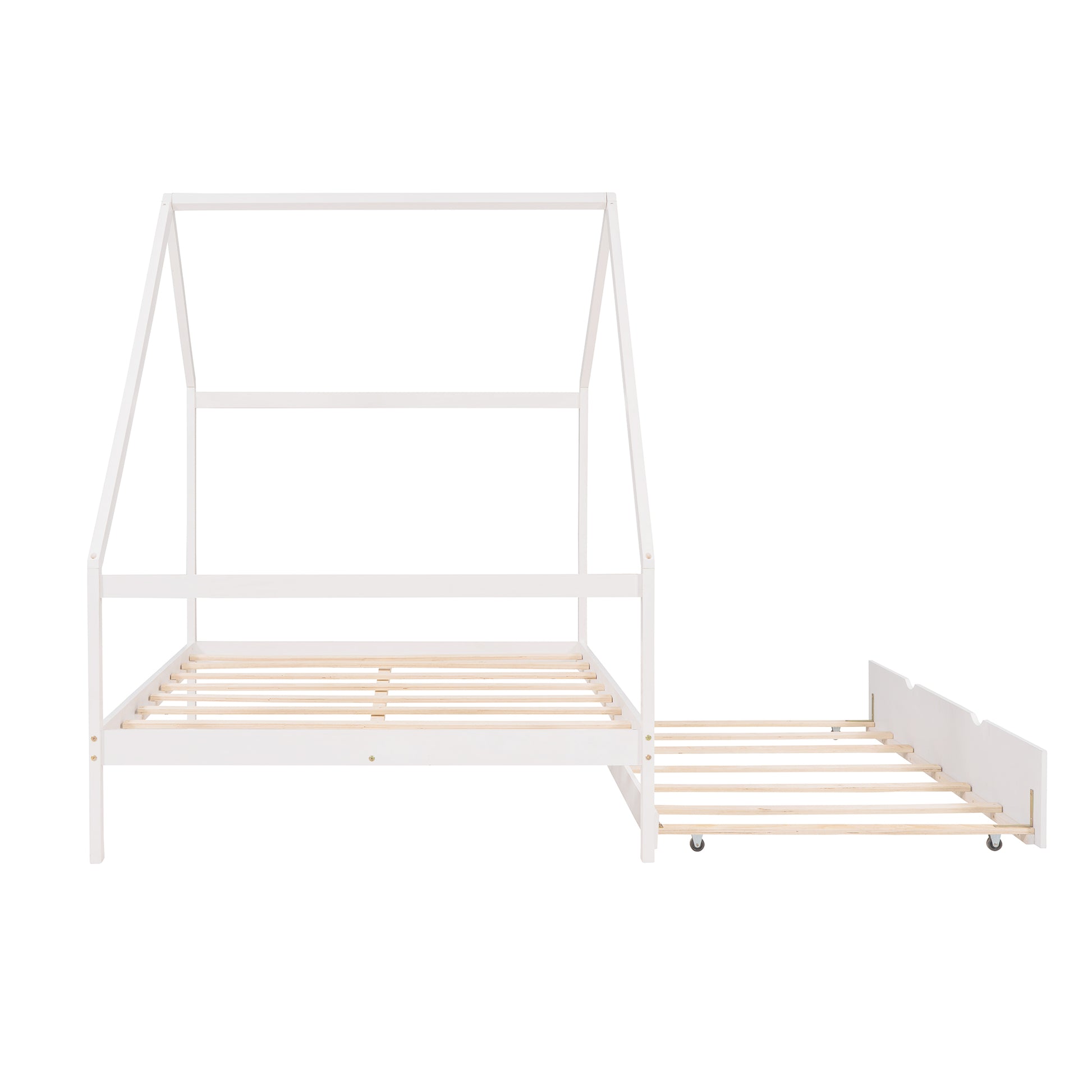 Full Size Wooden House Bed With Twin Size Trundle, White White Solid Wood