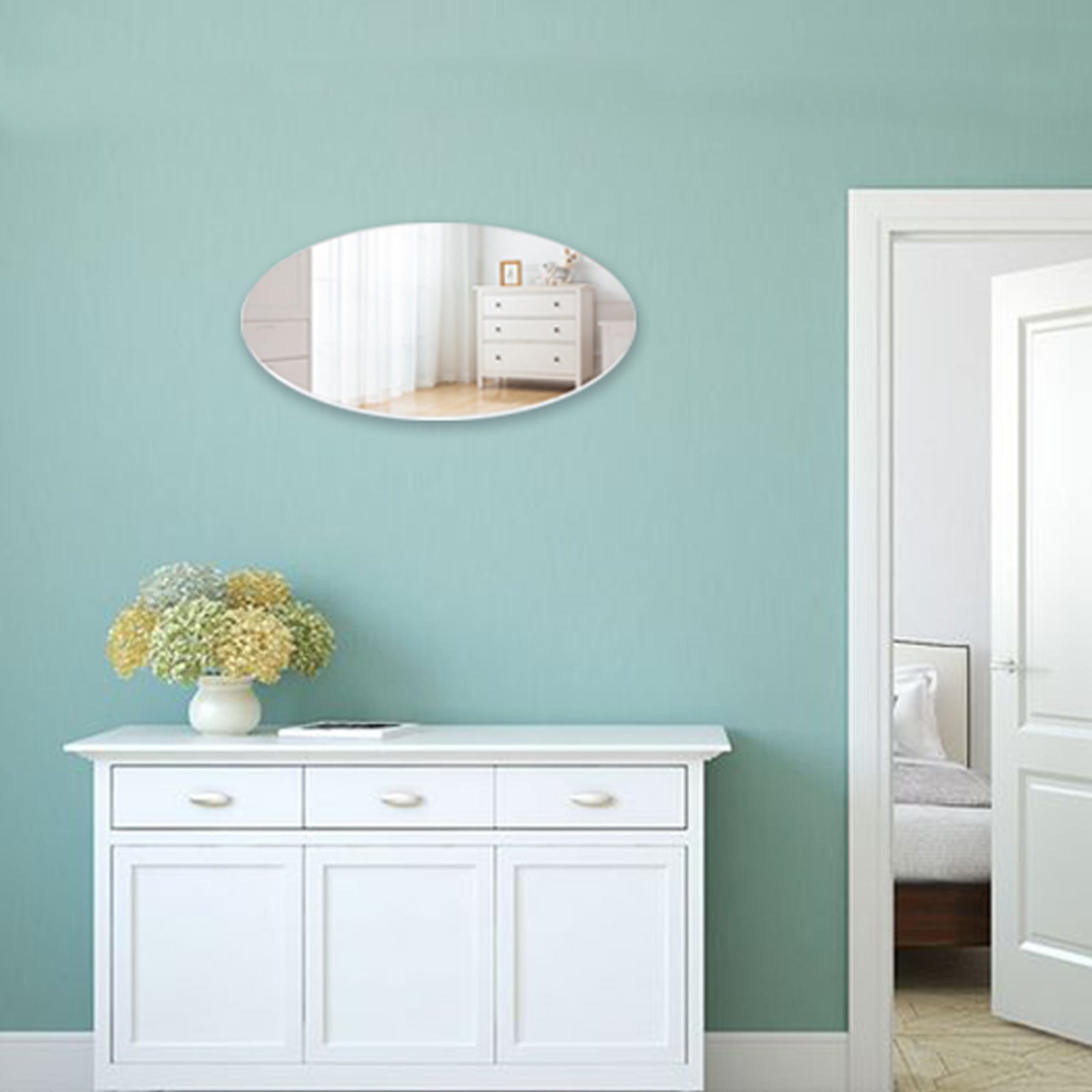 Frameless Beveled Wall Mounted Bathroom Mirror, Hd Makeup Mirror, 25" Round Mirror White Mdf