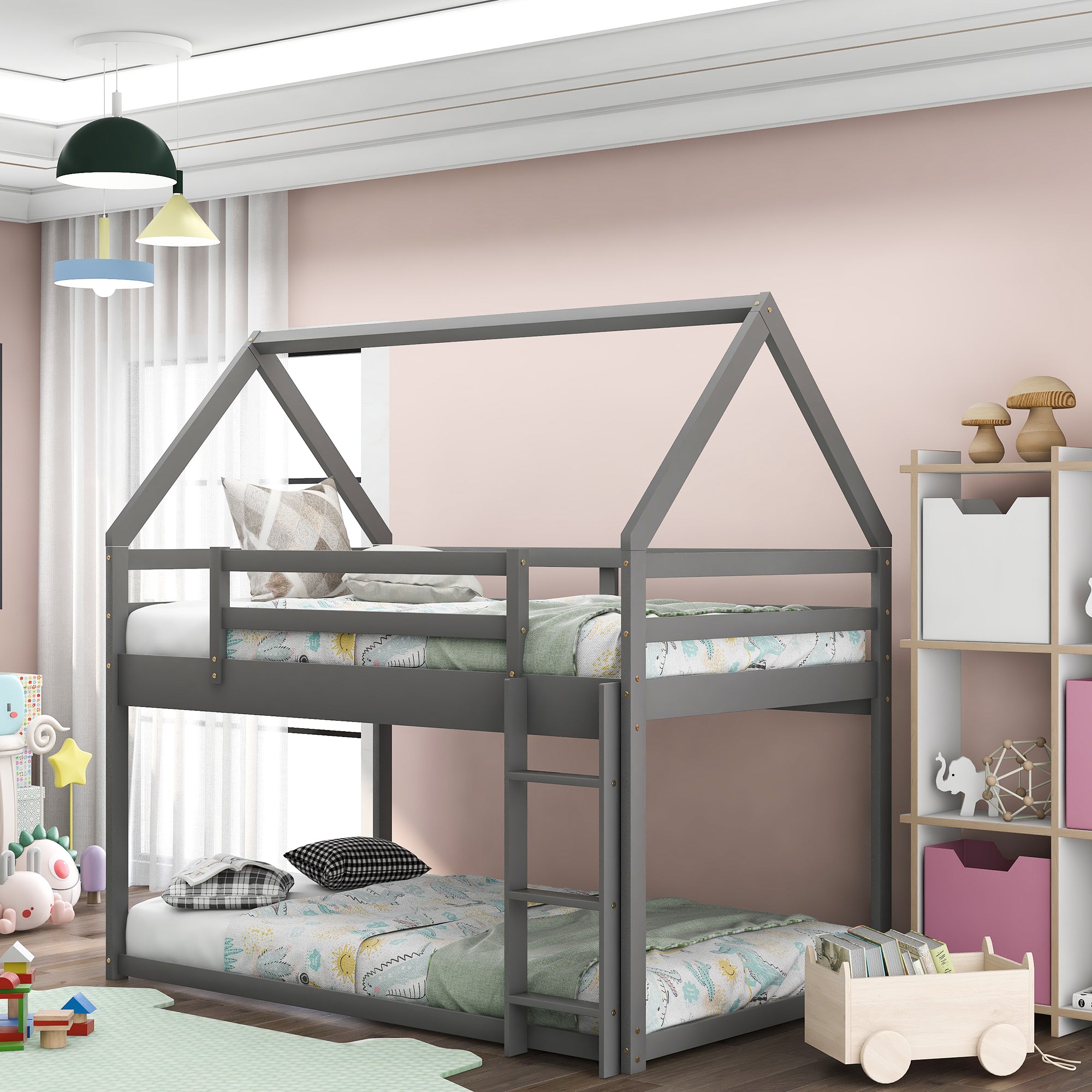 Twin Over Twin Low Bunk Bed, House Bed With Laddergray Old Sku:Wf197808Aae Gray Pine