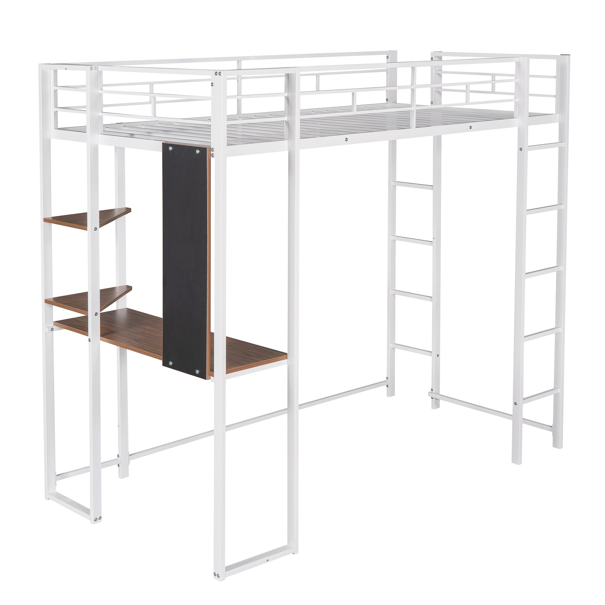 Twin Metal Loft Bed With 2 Shelves And One Desk ,White Old Sku: Mf281206Aak White Metal