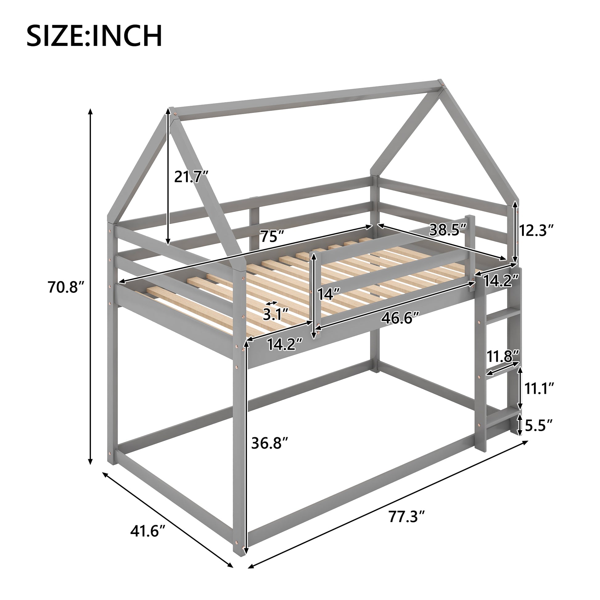 Twin Over Twin Low Bunk Bed, House Bed With Laddergray Old Sku:Wf197808Aae Gray Pine