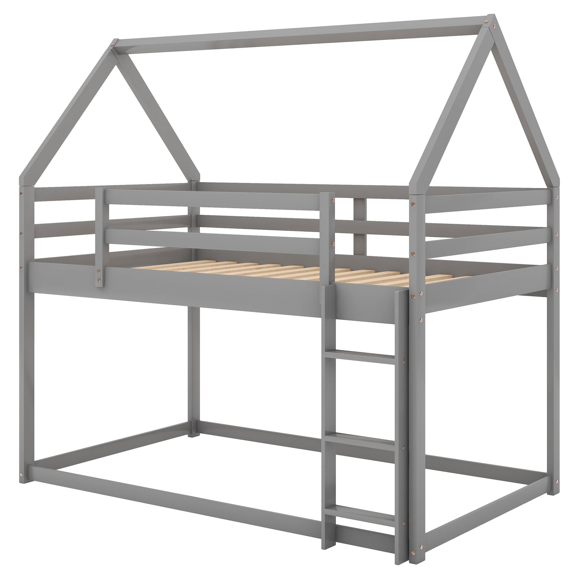 Twin Over Twin Low Bunk Bed, House Bed With Laddergray Old Sku:Wf197808Aae Gray Pine