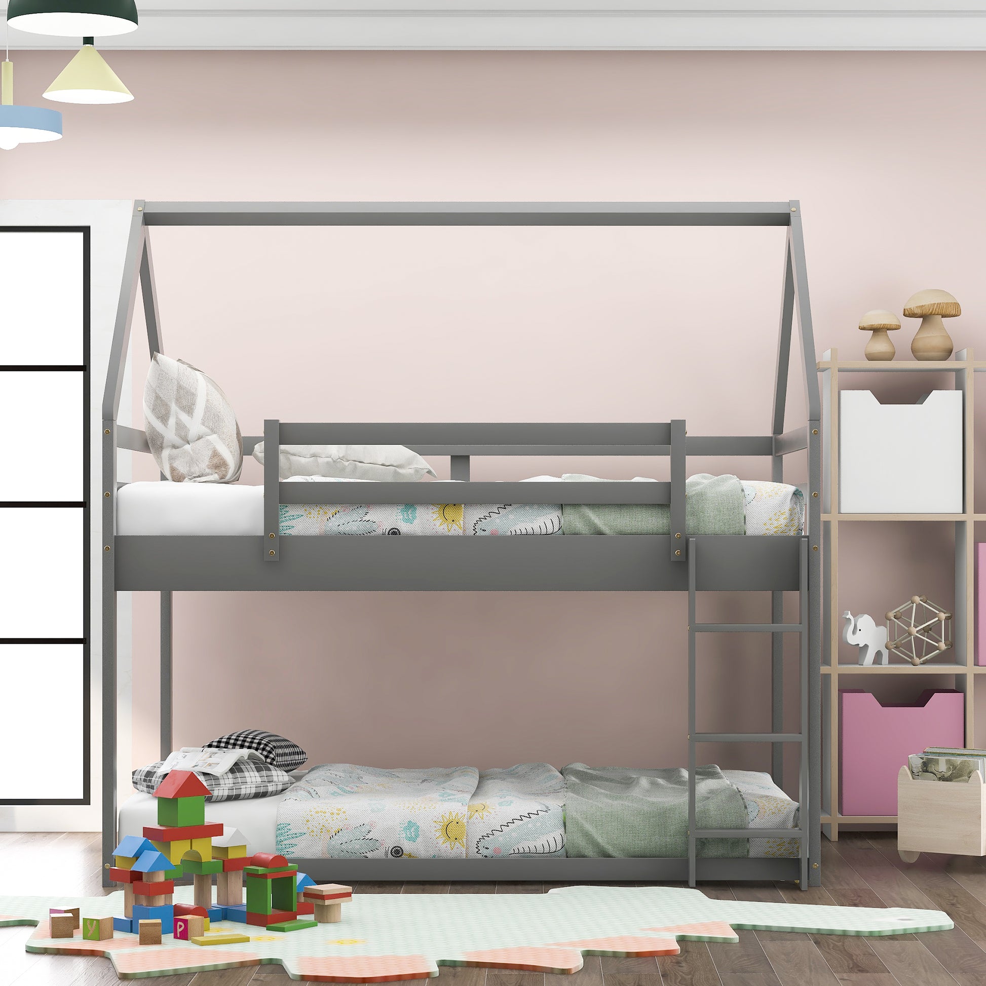 Twin Over Twin Low Bunk Bed, House Bed With Laddergray Old Sku:Wf197808Aae Gray Pine