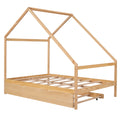 Full Size Wooden House Bed With Twin Size Trundle, Natural Natural Solid Wood