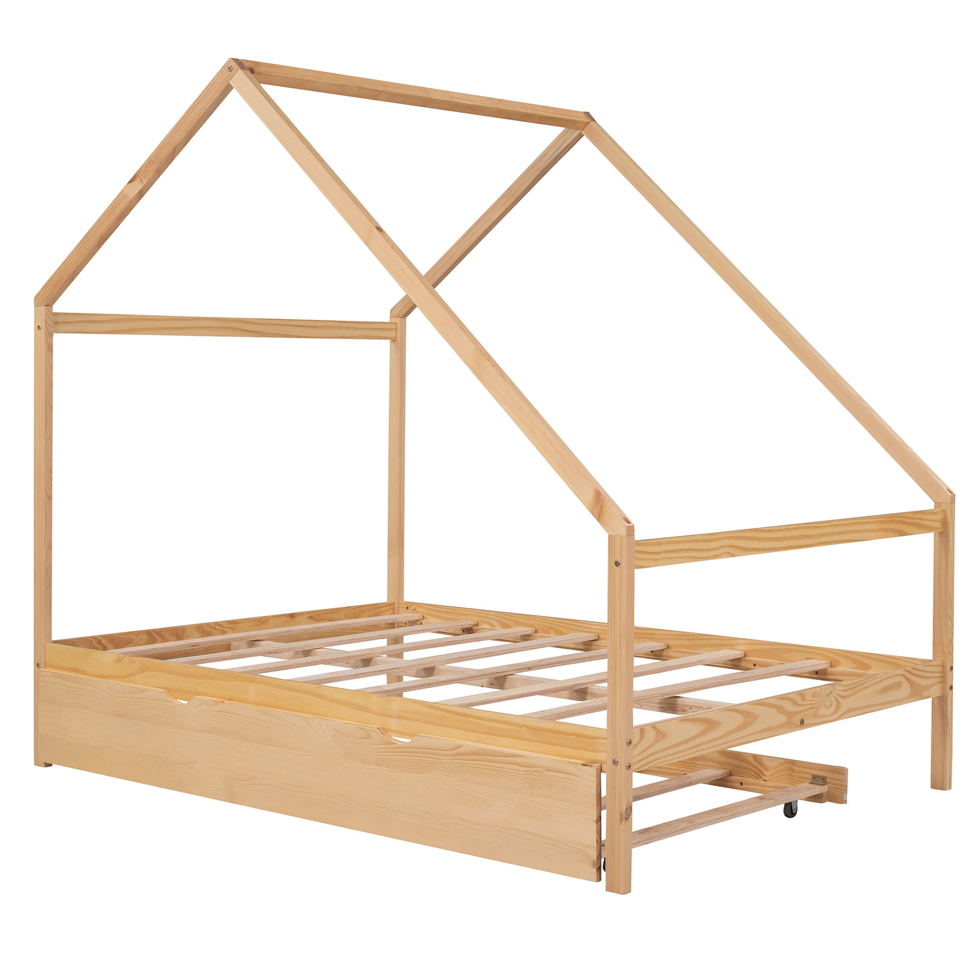 Full Size Wooden House Bed With Twin Size Trundle, Natural Natural Solid Wood