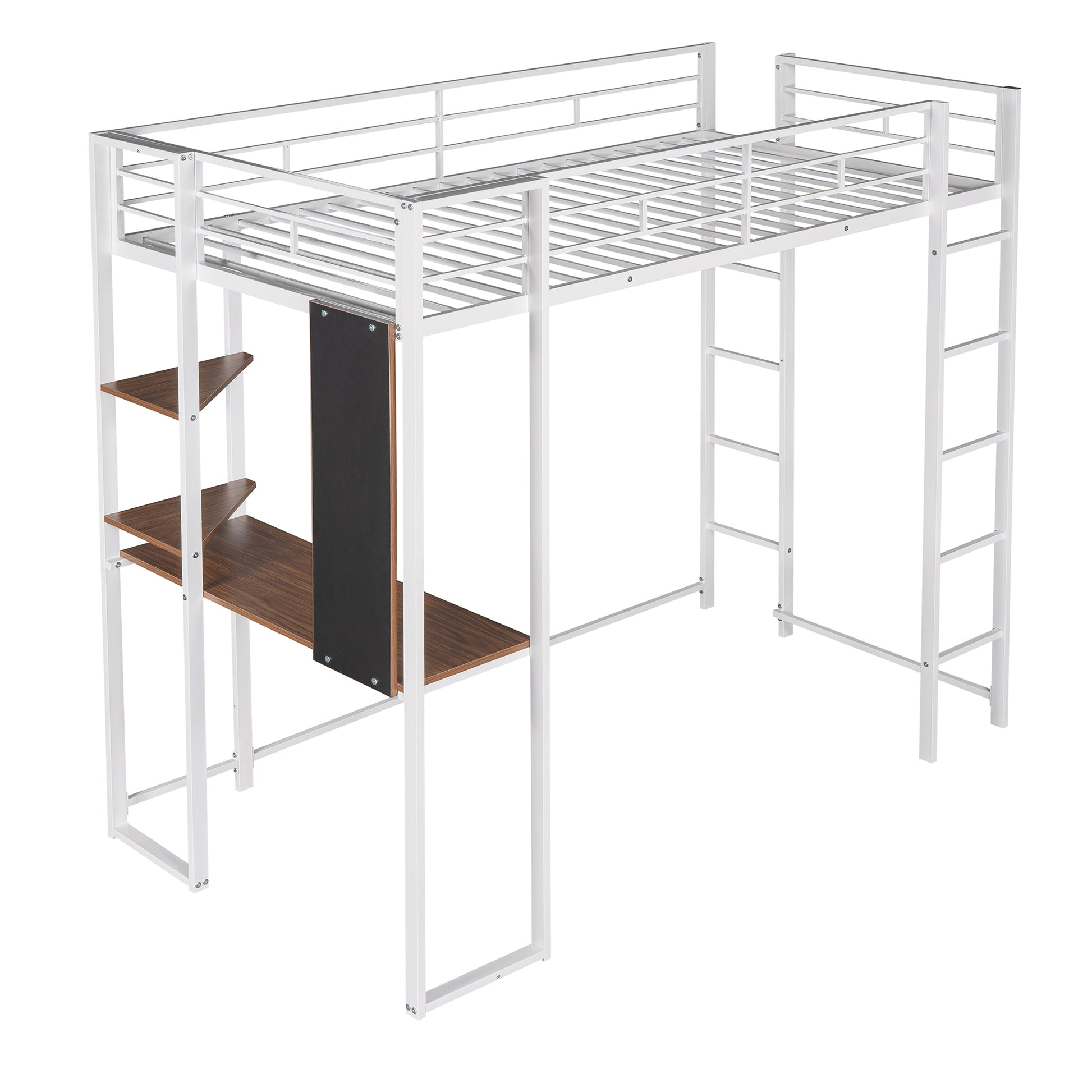 Twin Metal Loft Bed With 2 Shelves And One Desk ,White Old Sku: Mf281206Aak White Metal