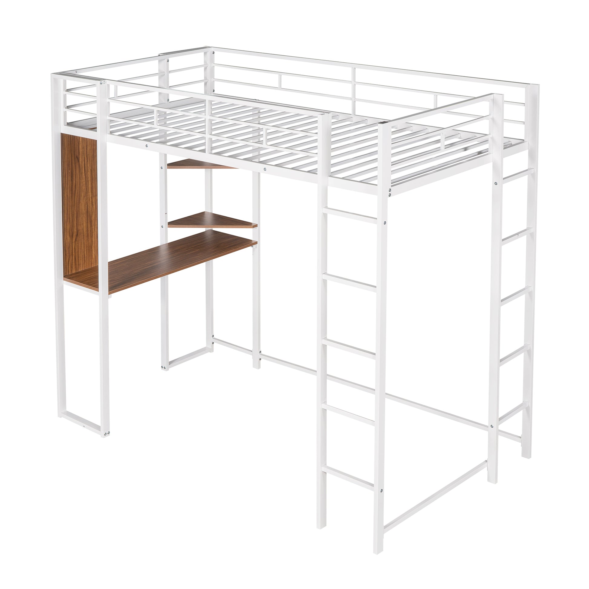 Twin Metal Loft Bed With 2 Shelves And One Desk ,White Old Sku: Mf281206Aak White Metal