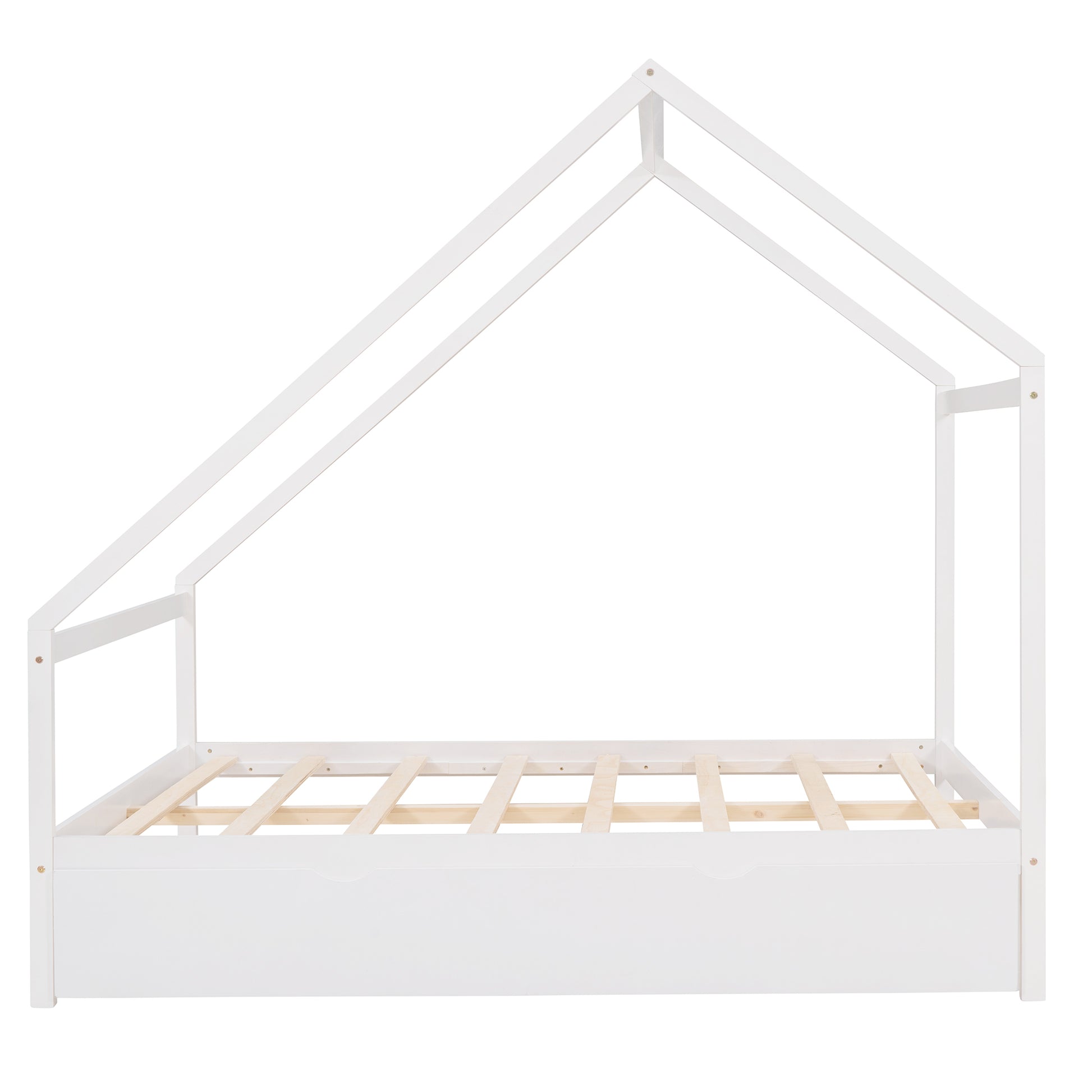 Full Size Wooden House Bed With Twin Size Trundle, White White Solid Wood