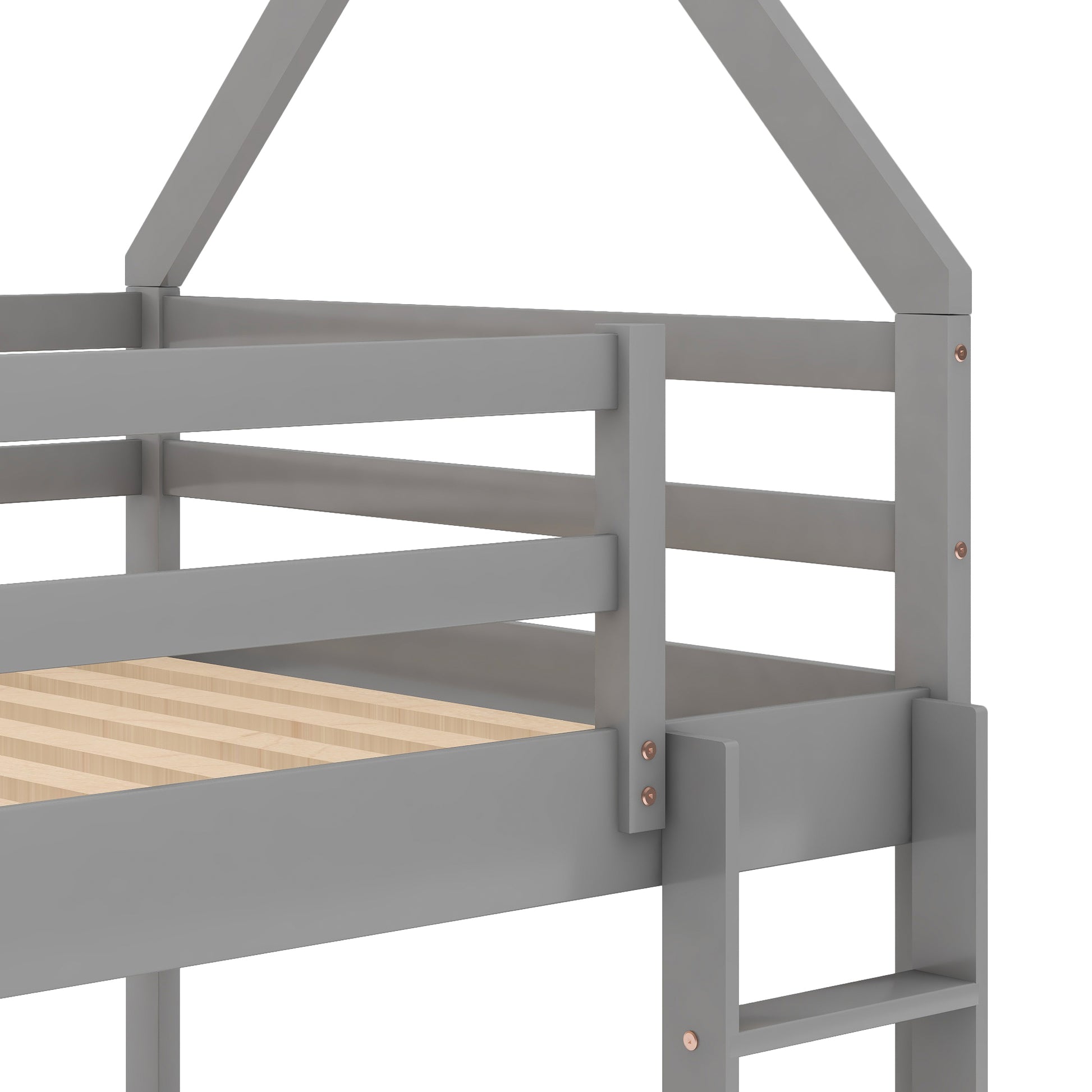 Twin Over Twin Low Bunk Bed, House Bed With Laddergray Old Sku:Wf197808Aae Gray Pine