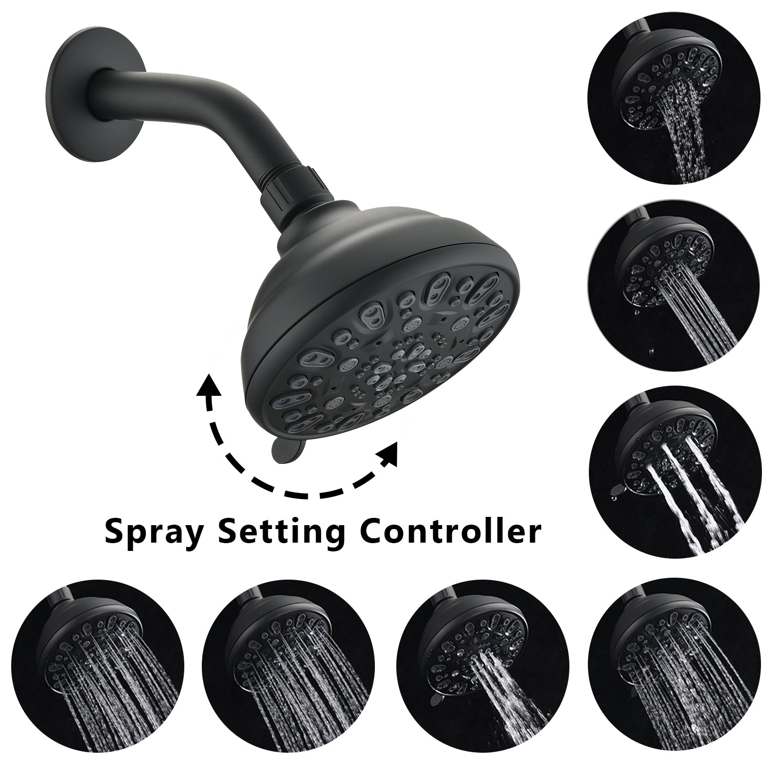 Matte Black High Pressure 6 Setting 4" Shower Head Angle Adjustable, Clog Proof Shower Head Matte Black Abs