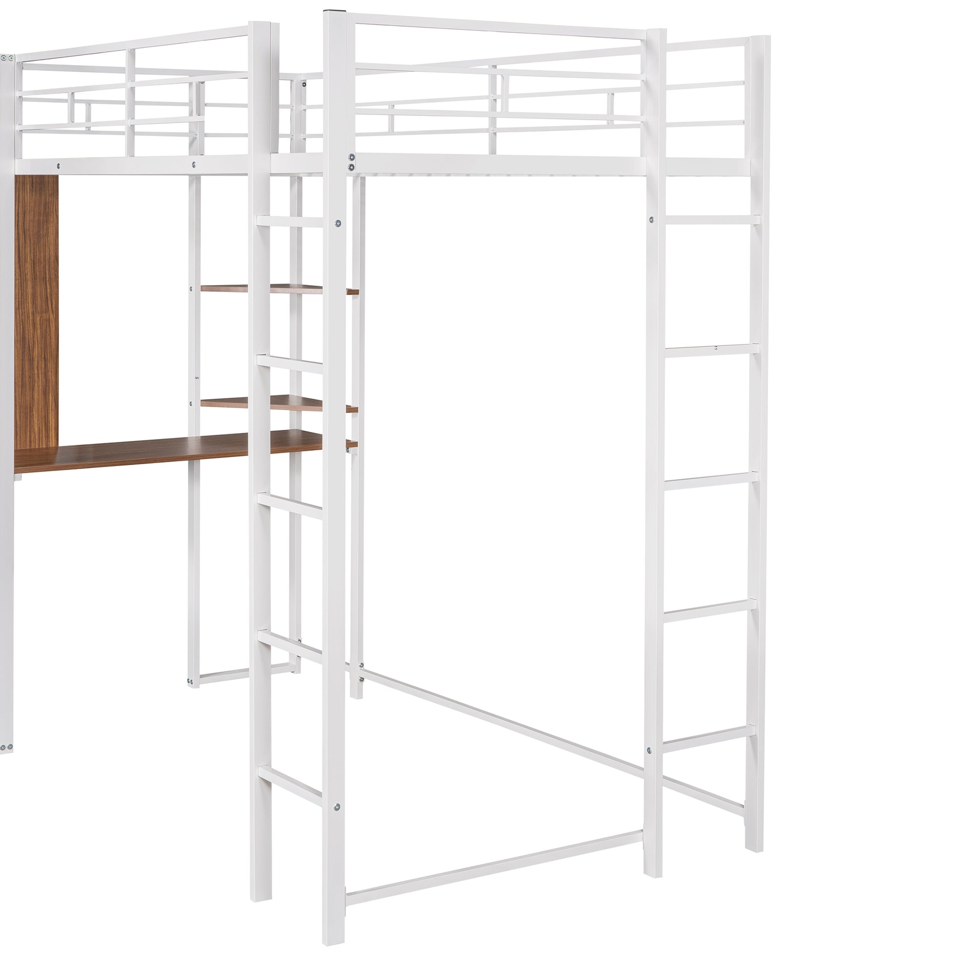 Twin Metal Loft Bed With 2 Shelves And One Desk ,White Old Sku: Mf281206Aak White Metal