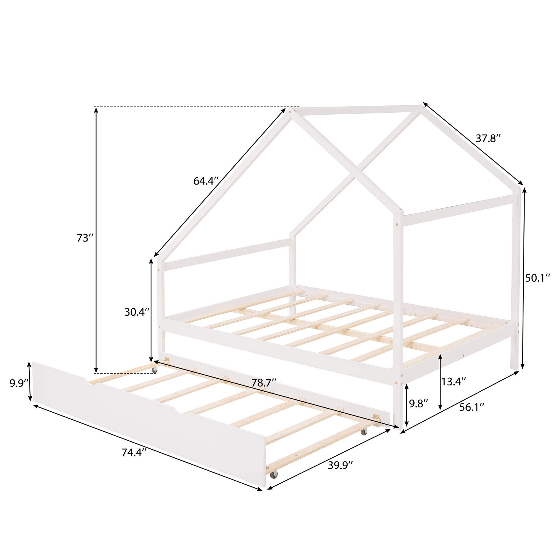 Full Size Wooden House Bed With Twin Size Trundle, White White Solid Wood