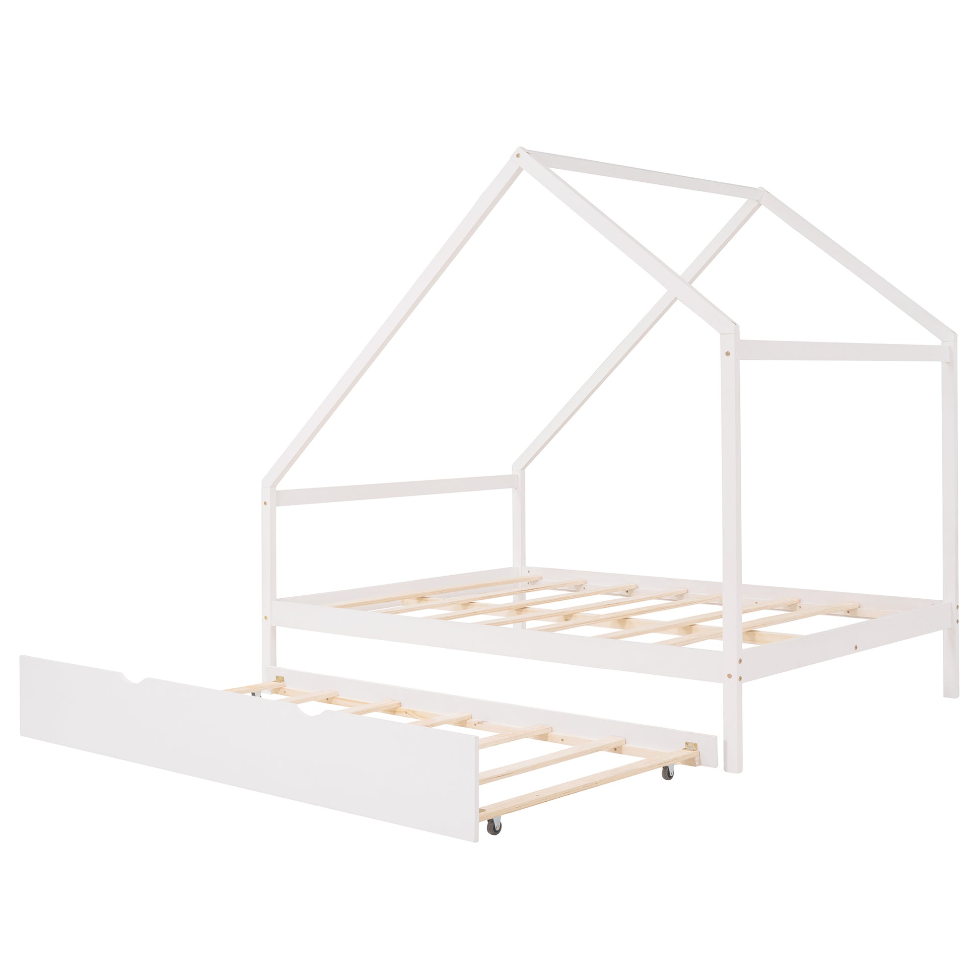 Full Size Wooden House Bed With Twin Size Trundle, White White Solid Wood