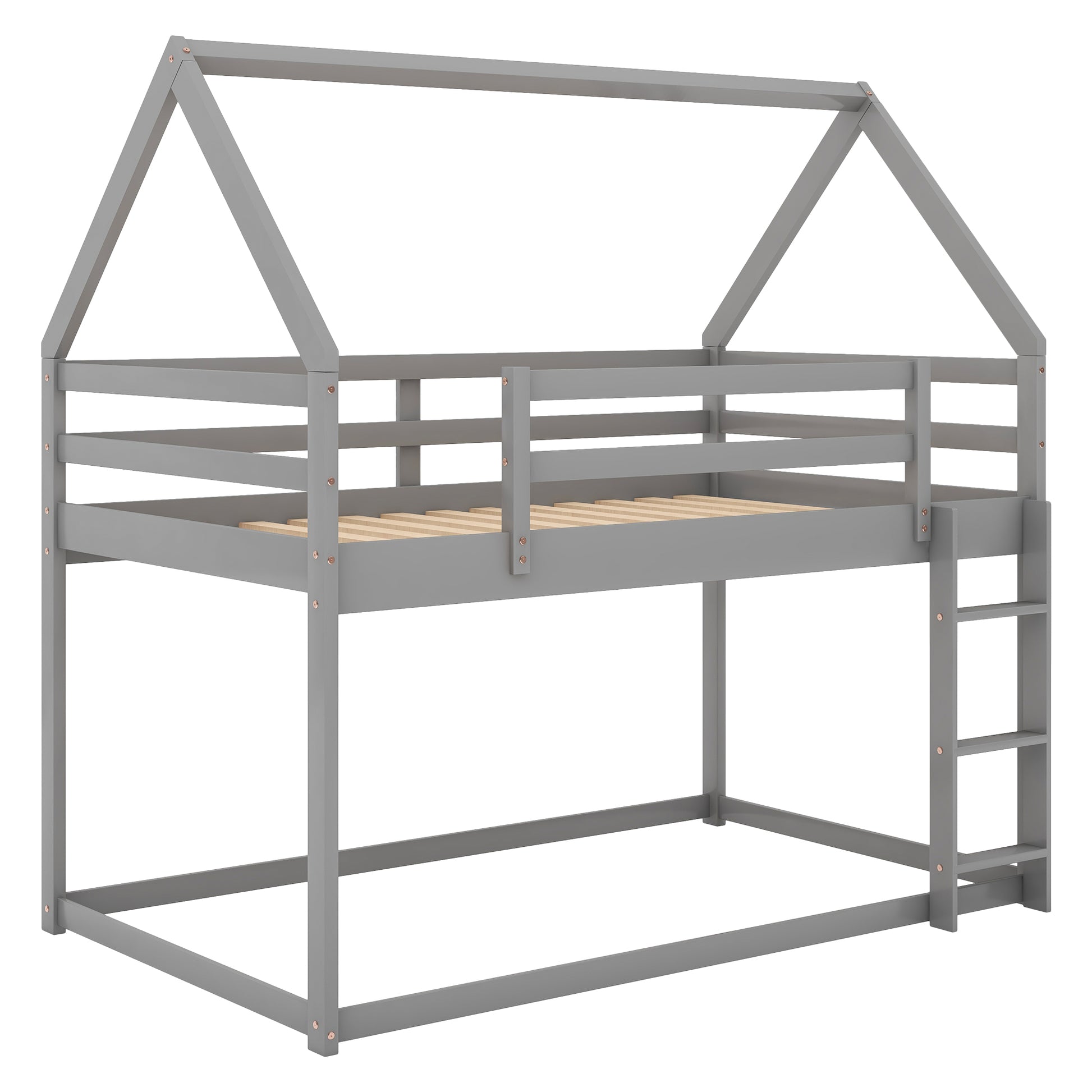 Twin Over Twin Low Bunk Bed, House Bed With Laddergray Old Sku:Wf197808Aae Gray Pine