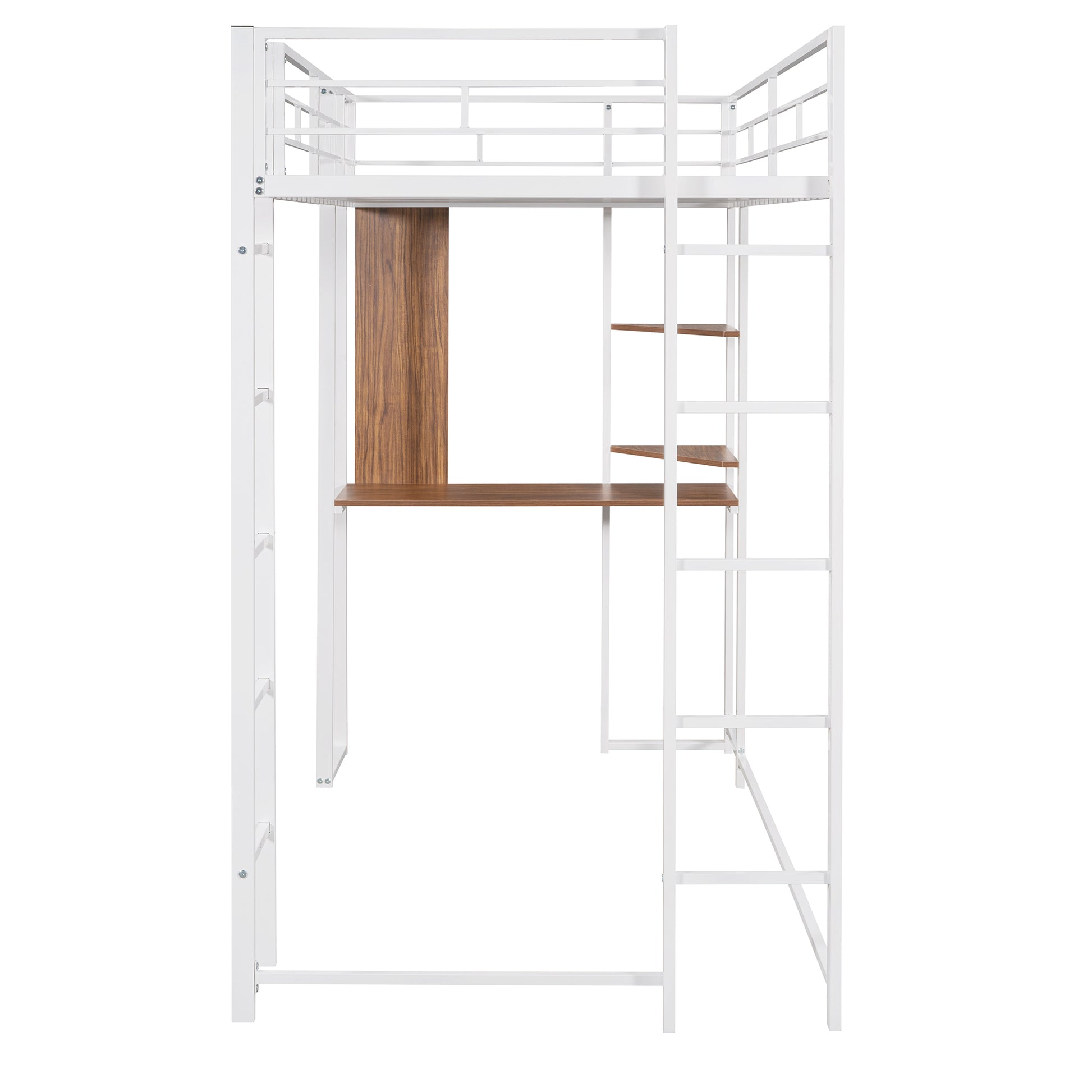 Twin Metal Loft Bed With 2 Shelves And One Desk ,White Old Sku: Mf281206Aak White Metal