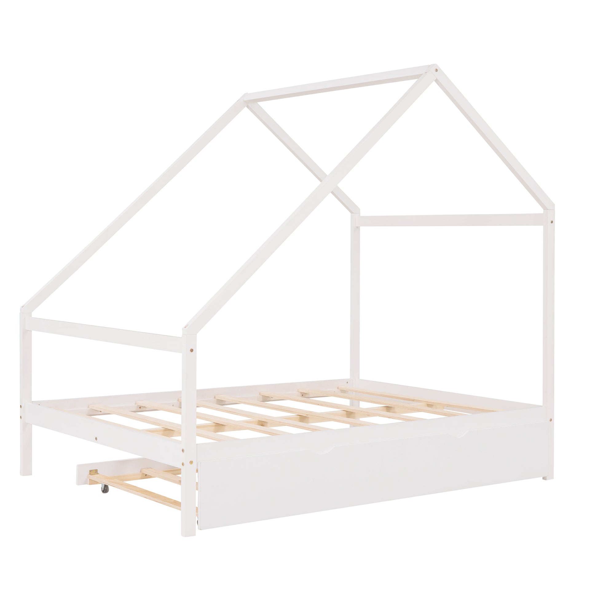 Full Size Wooden House Bed With Twin Size Trundle, White White Solid Wood