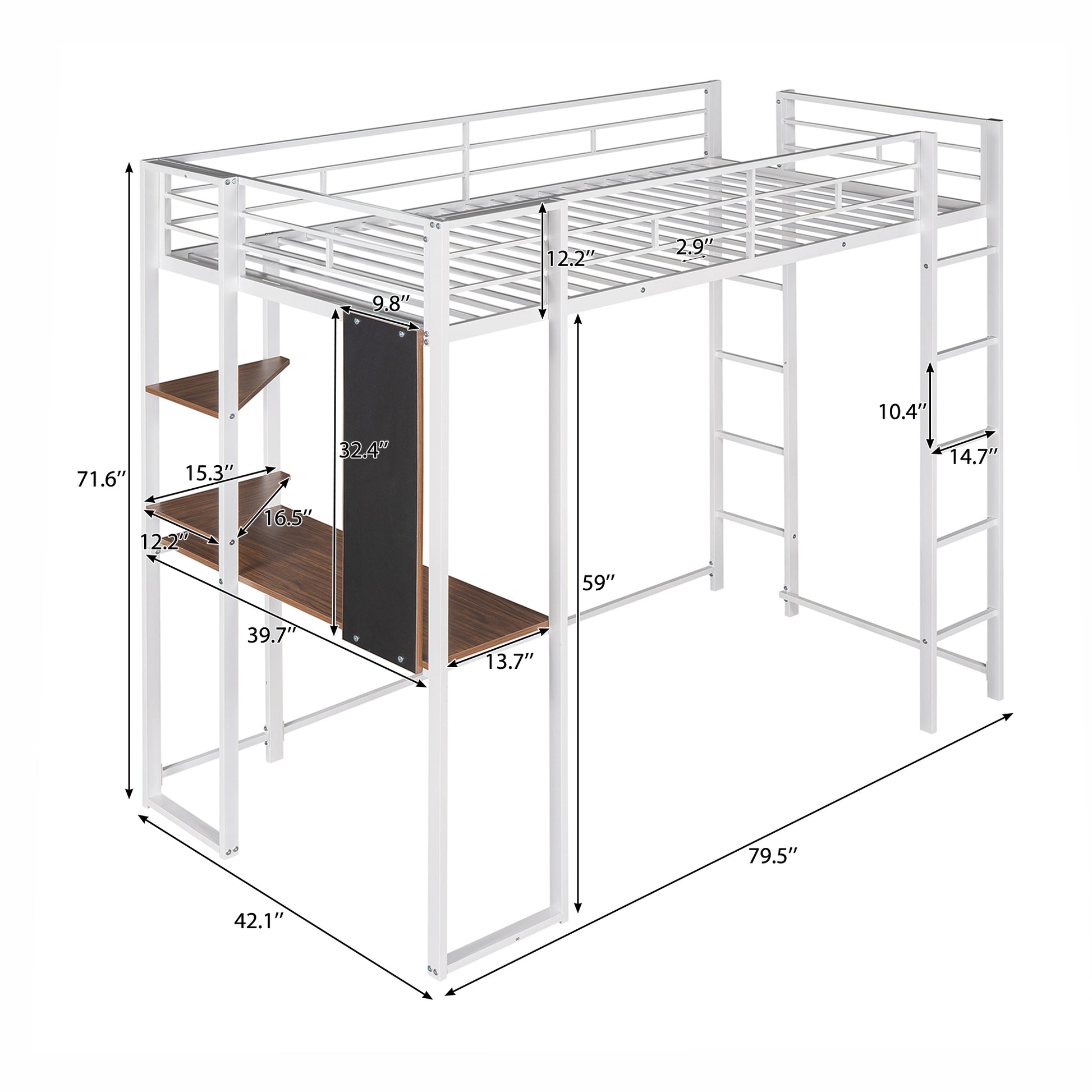 Twin Metal Loft Bed With 2 Shelves And One Desk ,White Old Sku: Mf281206Aak White Metal