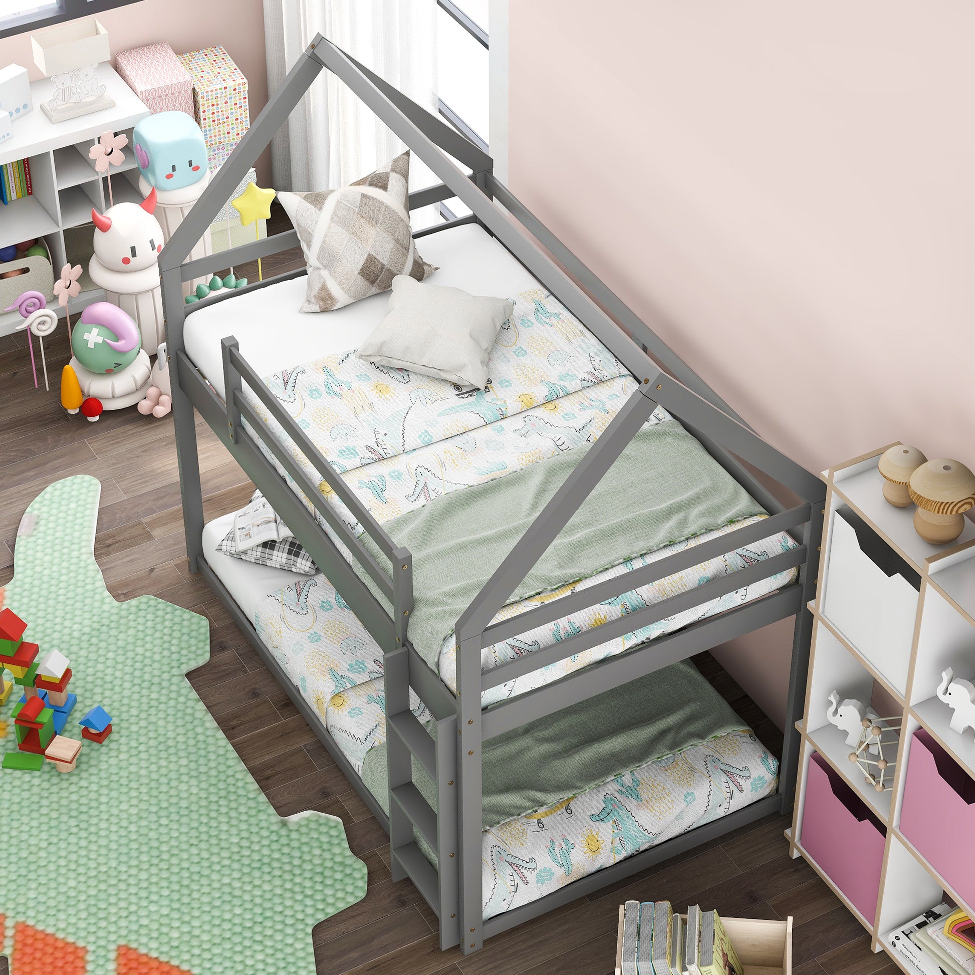 Twin Over Twin Low Bunk Bed, House Bed With Laddergray Old Sku:Wf197808Aae Gray Pine