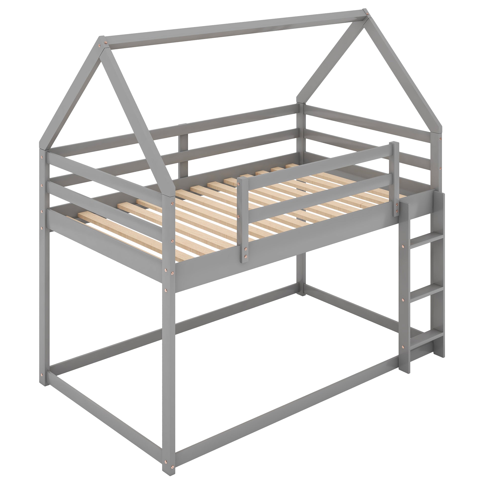 Twin Over Twin Low Bunk Bed, House Bed With Laddergray Old Sku:Wf197808Aae Gray Pine