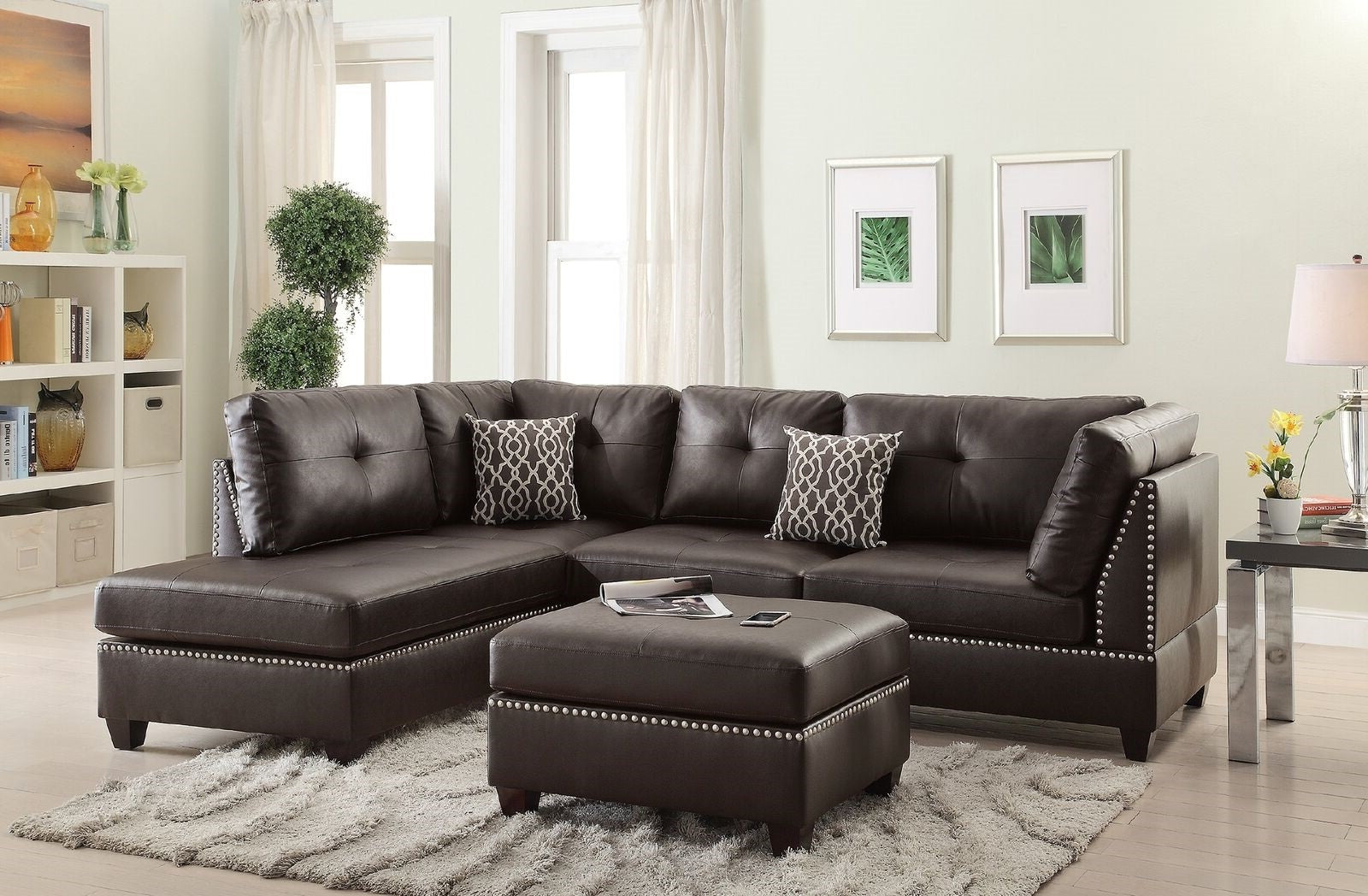 3 Pcs Sectional Sofa Espresso Bonded Leather Cushion Sofa Chaise Ottoman Reversible Couch Pillows Espresso Brown Faux Leather Wood Primary Living Space Cushion Back Contemporary,Modern L Shaped Pillow Top Arms Bonded Leather 5 Seat