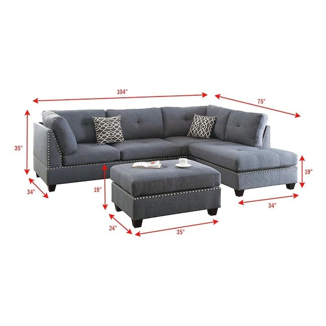 3 Pcs Sectional Sofa Blue Grey Polyfiber Cushion Sofa Chaise Ottoman Reversible Couch Pillows Light Grey Blue Faux Leather Wood Primary Living Space Cushion Back Contemporary,Modern L Shaped Fabric 5 Seat