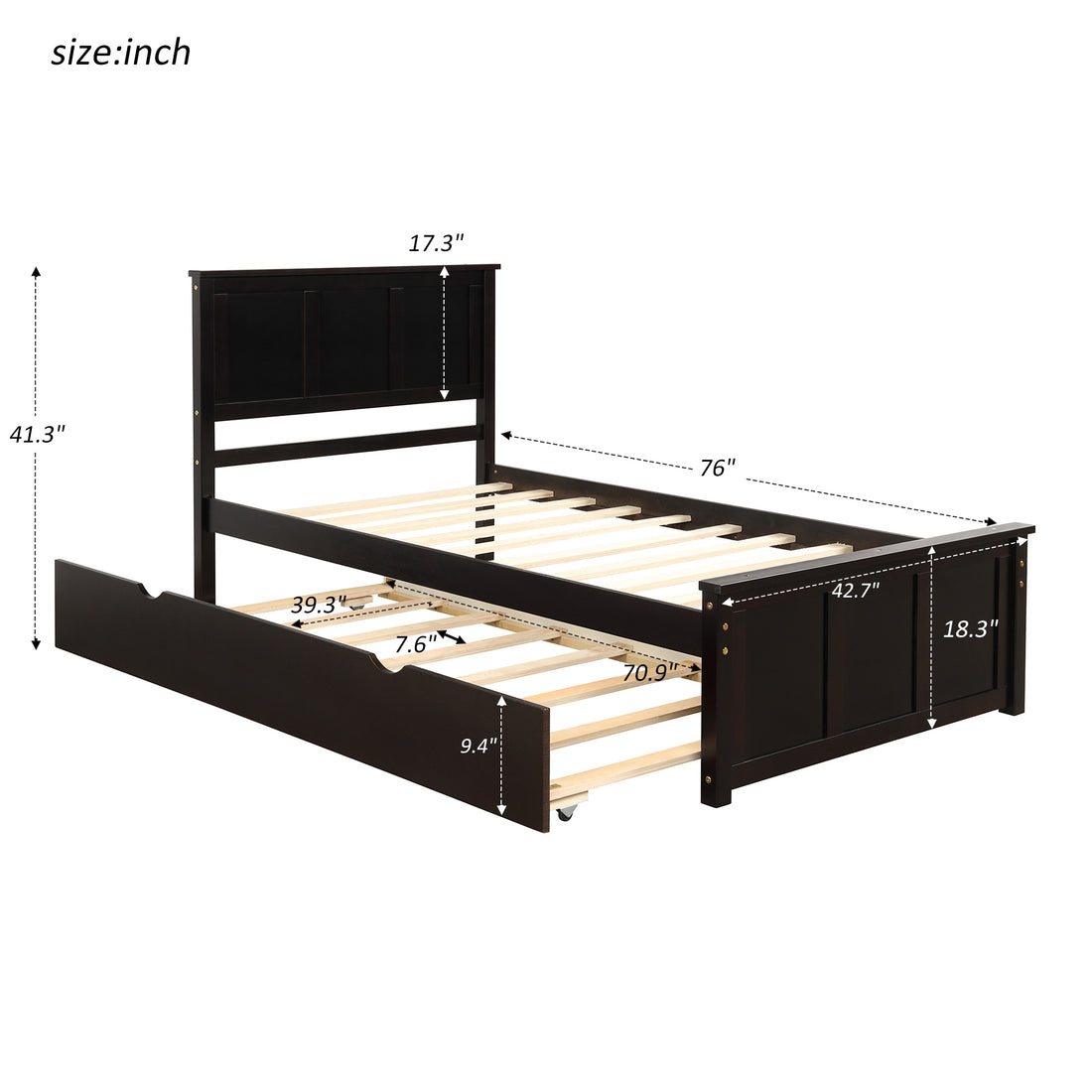 Platform Bed With Twin Size Trundle, Twin Size Frame, Espresso Espresso Pine