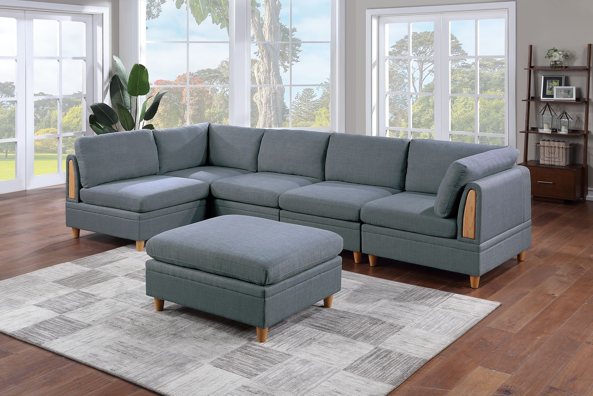 Contemporary Living Room Furniture 6Pc Modular Corner Sectional Set Steel Dorris Fabric Couch 2X Wedges 3X Armless Chair And 1X Ottoman Steel Gray Primary Living Space Cushion Back Contemporary,Modern Modular Fabric 6 Seat