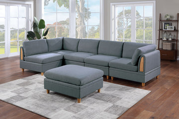 Contemporary Living Room Furniture 6Pc Modular Corner Sectional Set Steel Dorris Fabric Couch 2X Wedges 3X Armless Chair And 1X Ottoman Steel Gray Primary Living Space Cushion Back Contemporary,Modern Modular Fabric 6 Seat