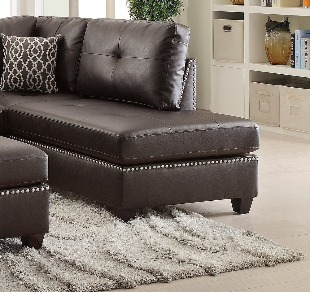 3 Pcs Sectional Sofa Espresso Bonded Leather Cushion Sofa Chaise Ottoman Reversible Couch Pillows Espresso Brown Faux Leather Wood Primary Living Space Cushion Back Contemporary,Modern L Shaped Pillow Top Arms Bonded Leather 5 Seat