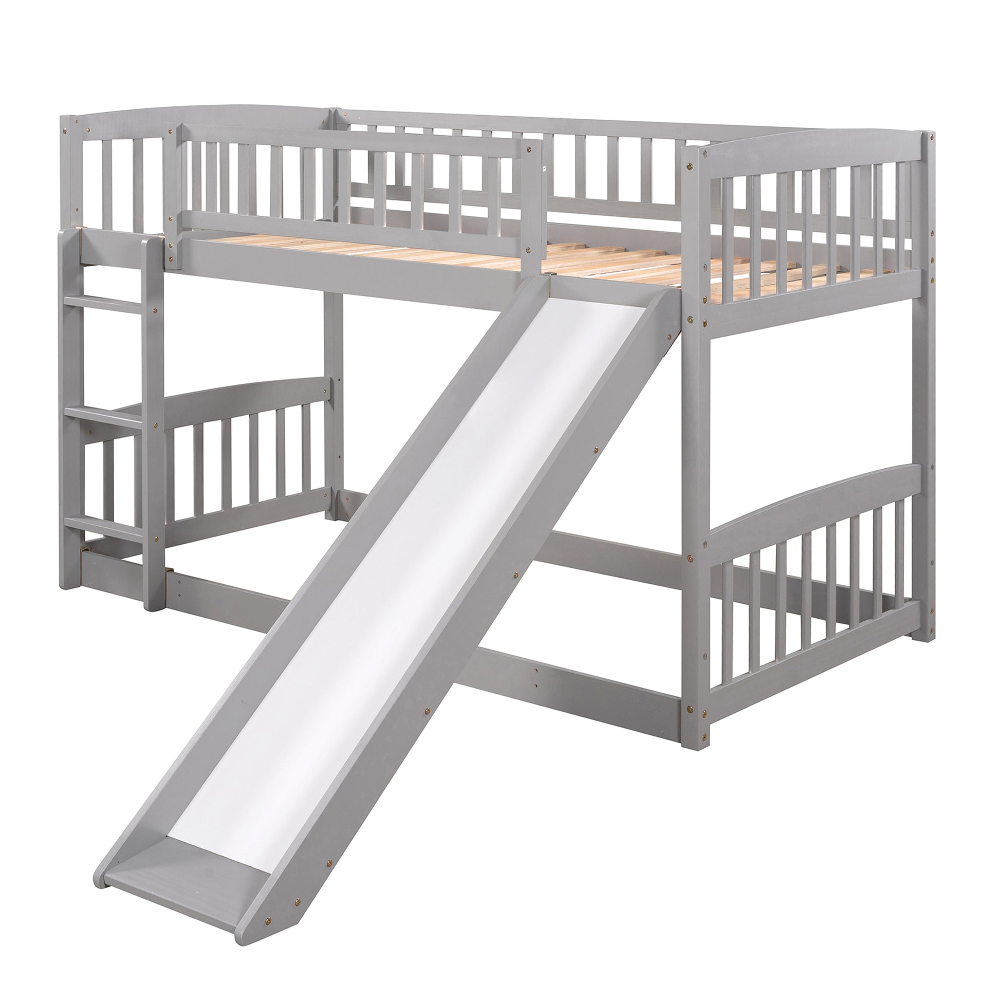 Bunk Bed With Slide,Twin Over Twin Low Bunk Bed With Fence And Ladder For Toddler Kids Teens Grey Grey Solid Wood