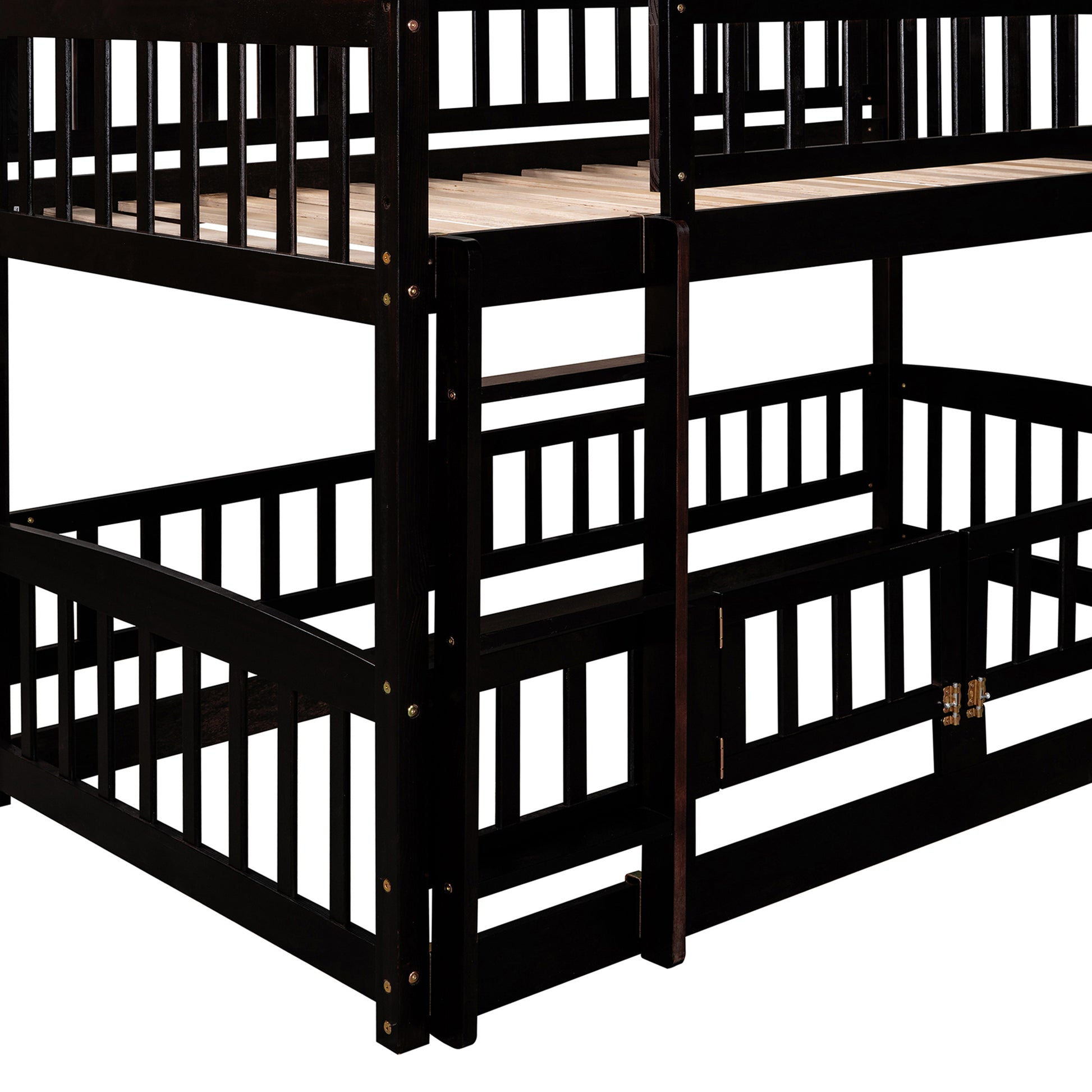 Bunk Bed With Slide,Twin Over Twin Low Bunk Bed With Fence And Ladder For Toddler Kids Teens Espresso Espresso Solid Wood