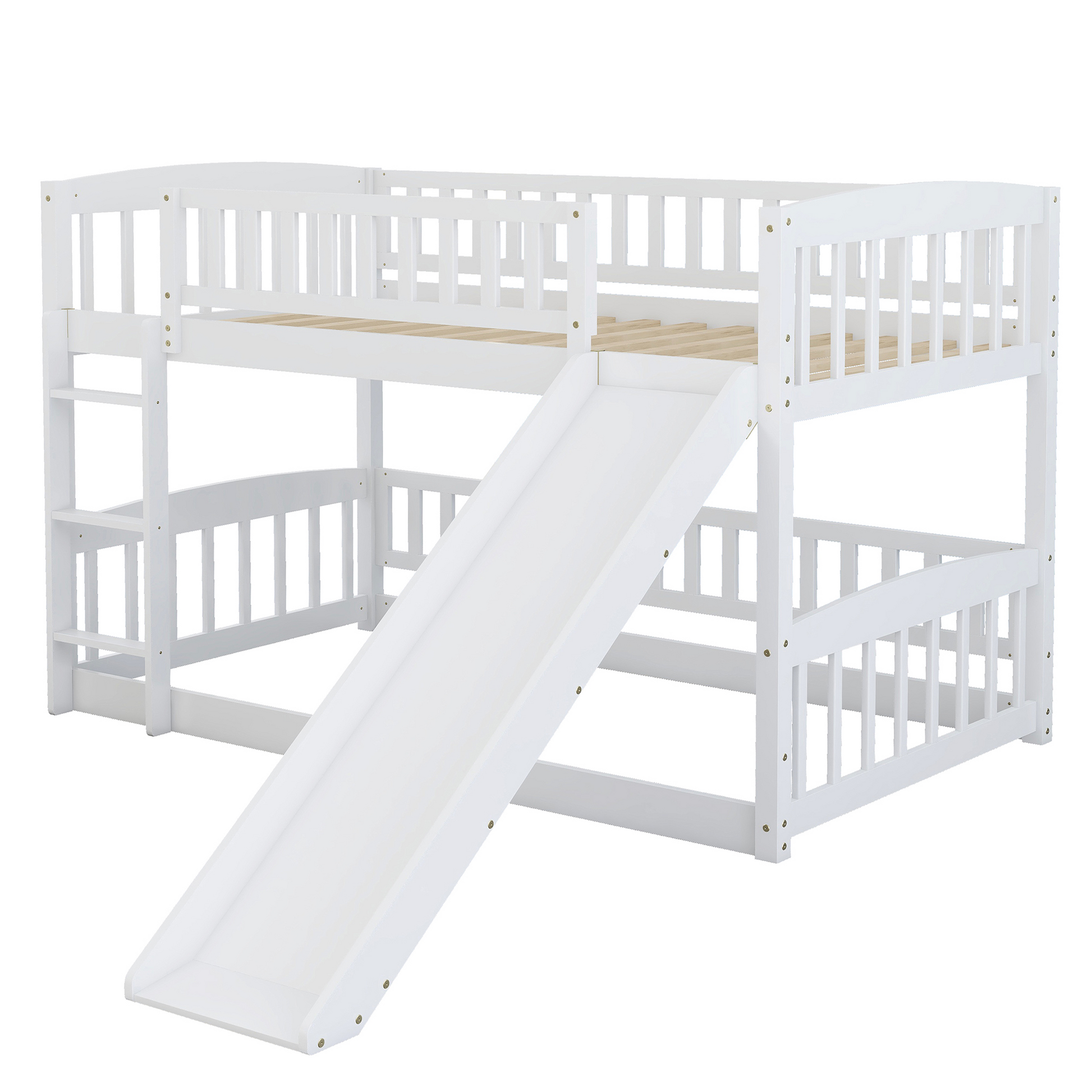 Bunk Bed With Slide,Twin Over Twin Low Bunk Bed With Fence And Ladder For Toddler Kids Teens White White Solid Wood