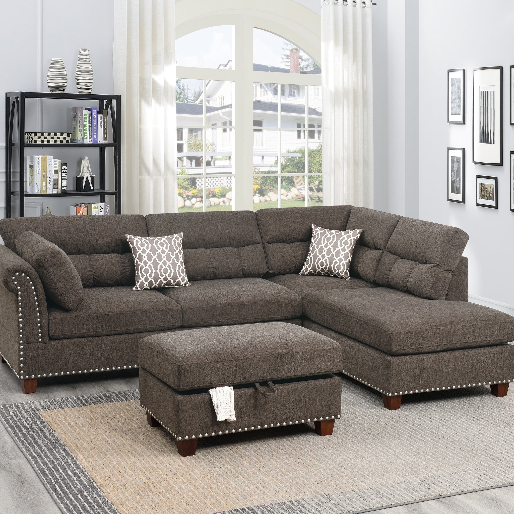 Sectional Sofa Tan Color Velvet Fabric Reversible Chaise Sofa Sectional W Pillows Cocktail Storage Ottoman 3Pc Set Tan Velvet Wood Primary Living Space Cushion Back Contemporary,Modern Pillow Top Arms Velvet 5 Seat