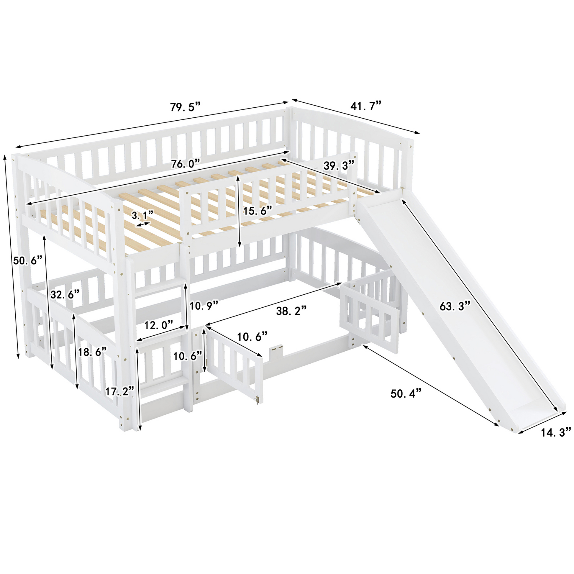 Bunk Bed With Slide,Twin Over Twin Low Bunk Bed With Fence And Ladder For Toddler Kids Teens White White Solid Wood