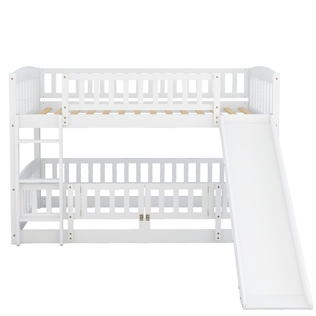 Bunk Bed With Slide,Twin Over Twin Low Bunk Bed With Fence And Ladder For Toddler Kids Teens White White Solid Wood