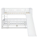 Bunk Bed With Slide,Twin Over Twin Low Bunk Bed With Fence And Ladder For Toddler Kids Teens White White Solid Wood