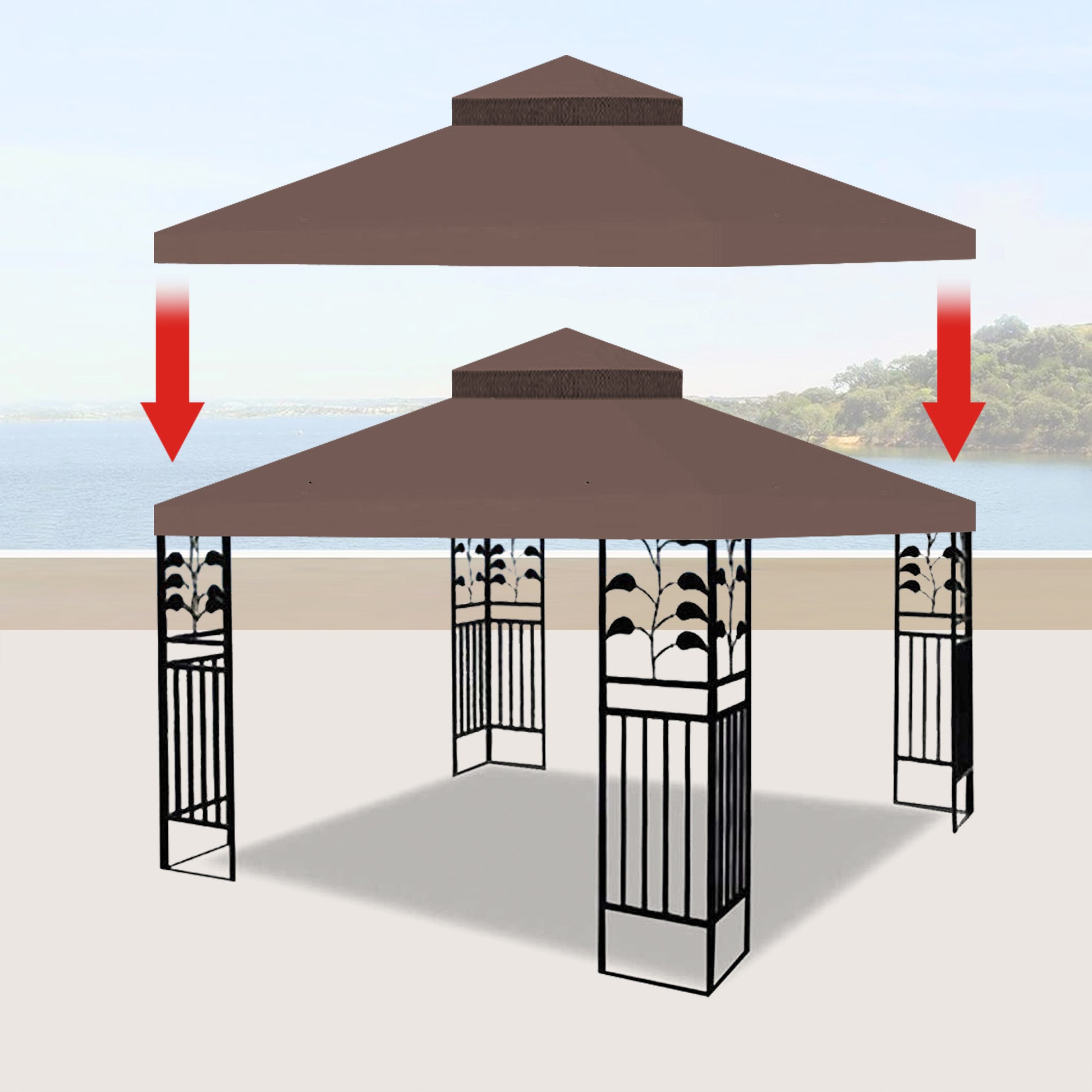 10X10 Ft Outdoor Patio Gazebo Replacement Canopy, Double Tiered Gazebo Tent Roof Top Cover Only Frame Not Include Coffee Fabric