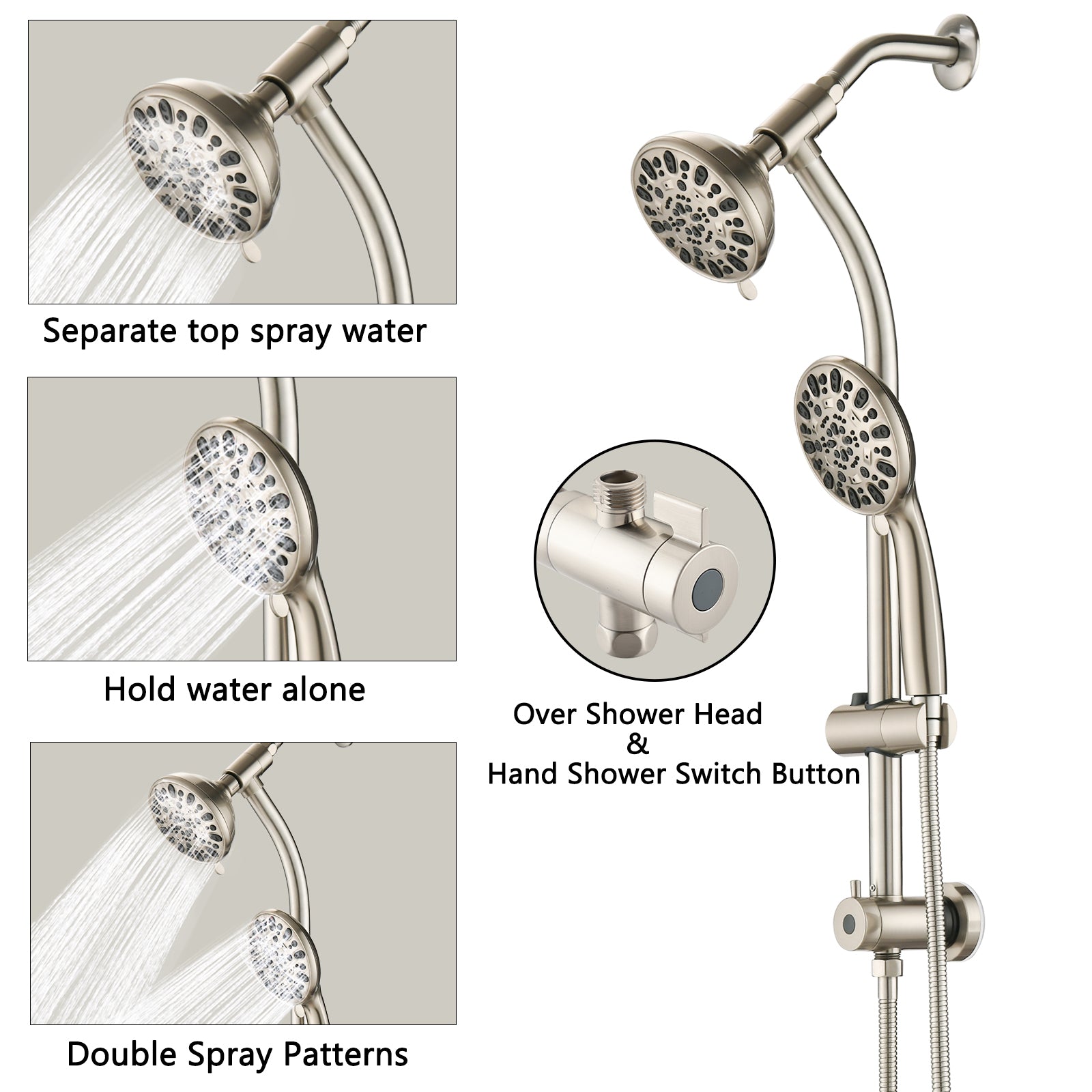 Drill Free Stainless Steel Slide Bar Combo Rain Showerhead 7 Setting Hand, Dual Shower Head Spa System Brushed Nickel Abs