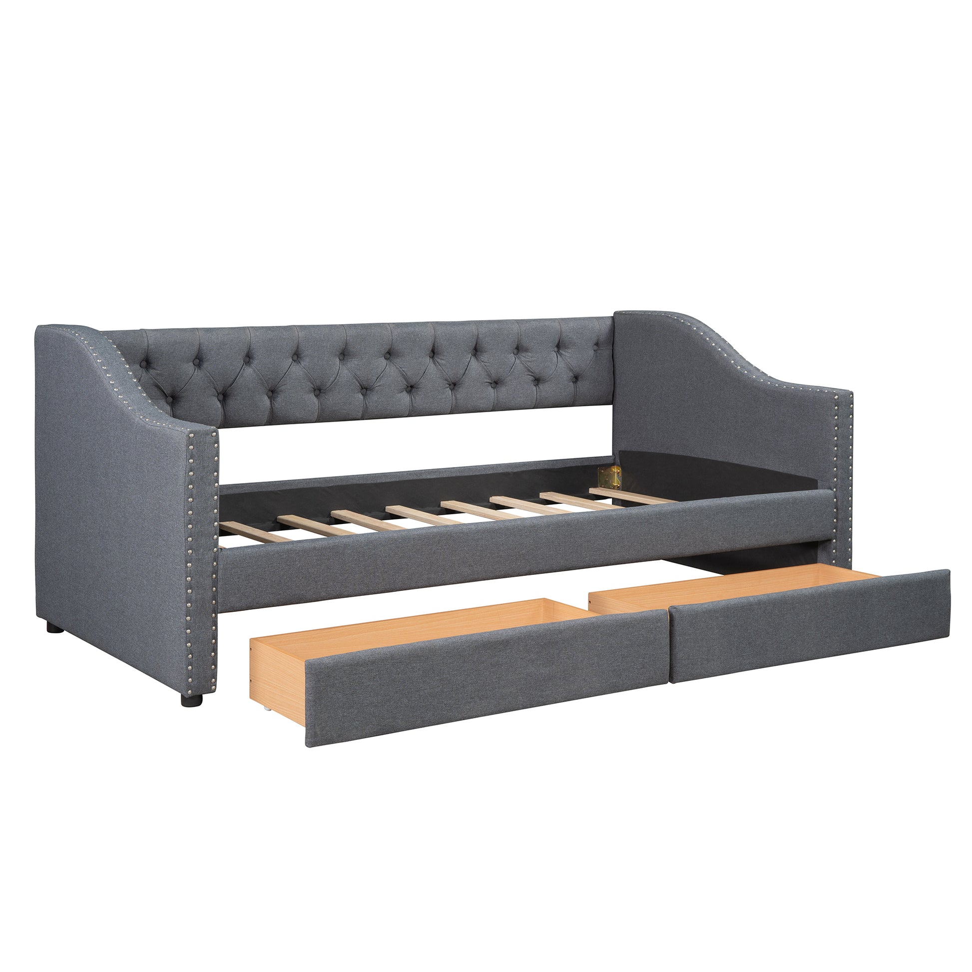 Upholstered Twin Size Daybed With Two Drawers, Wood Slat Support, Gray Old Sku :Lp000011Aae Gray Upholstered