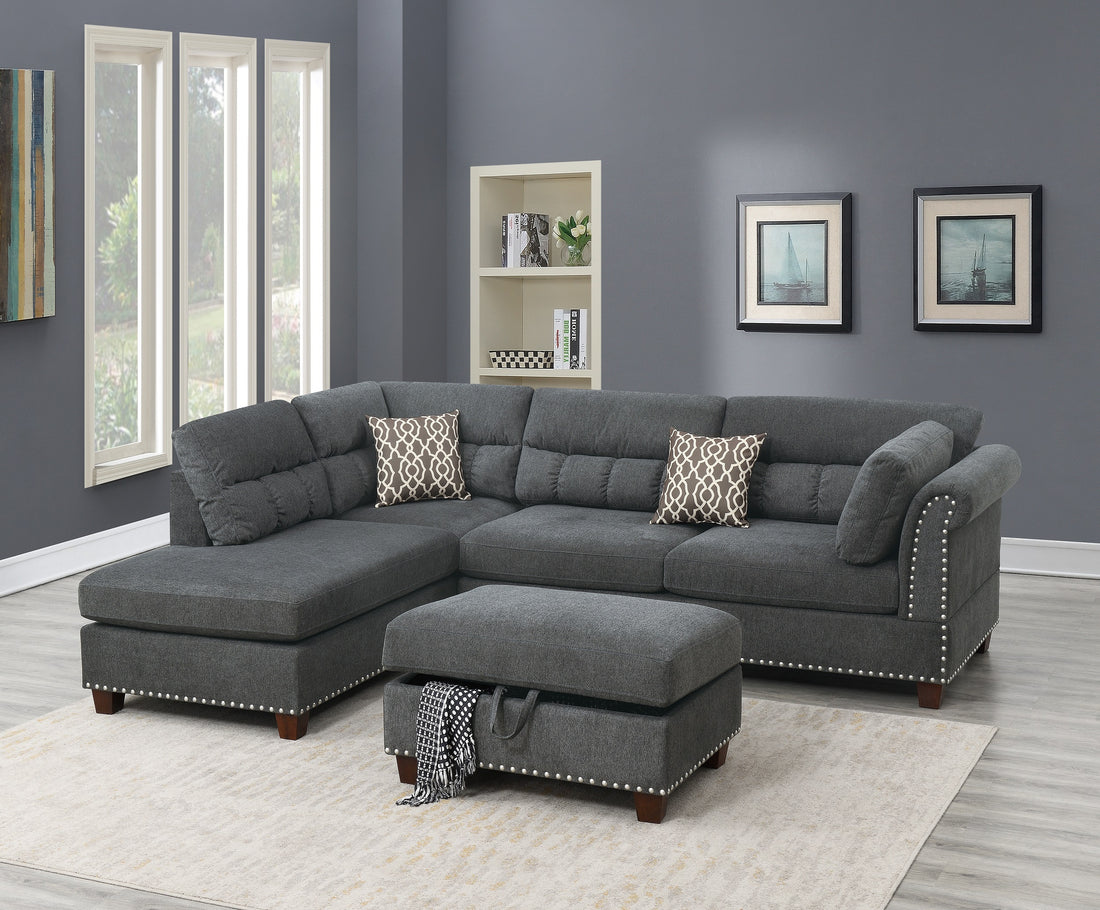 Sectional Sofa Slate Color Velvet Fabric Reversible Chaise Sofa Sectional W Pillows Cocktail Storage Ottoman 3Pc Set Grey Mix Velvet Wood Primary Living Space Cushion Back Contemporary,Modern Pillow Top Arms Velvet 5 Seat