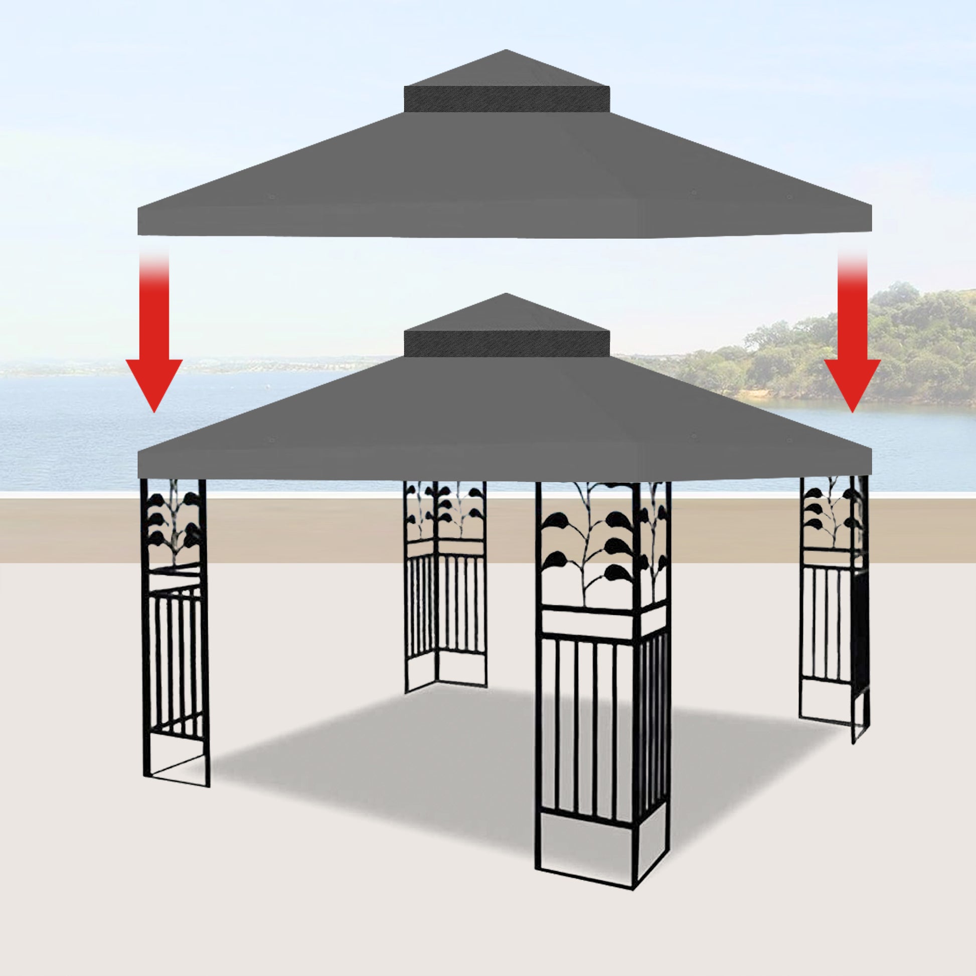 10X10 Ft Outdoor Patio Gazebo Replacement Canopy,Double Tiered Gazebo Tent Roof Top Cover Only Frame Not Include Gray Fabric