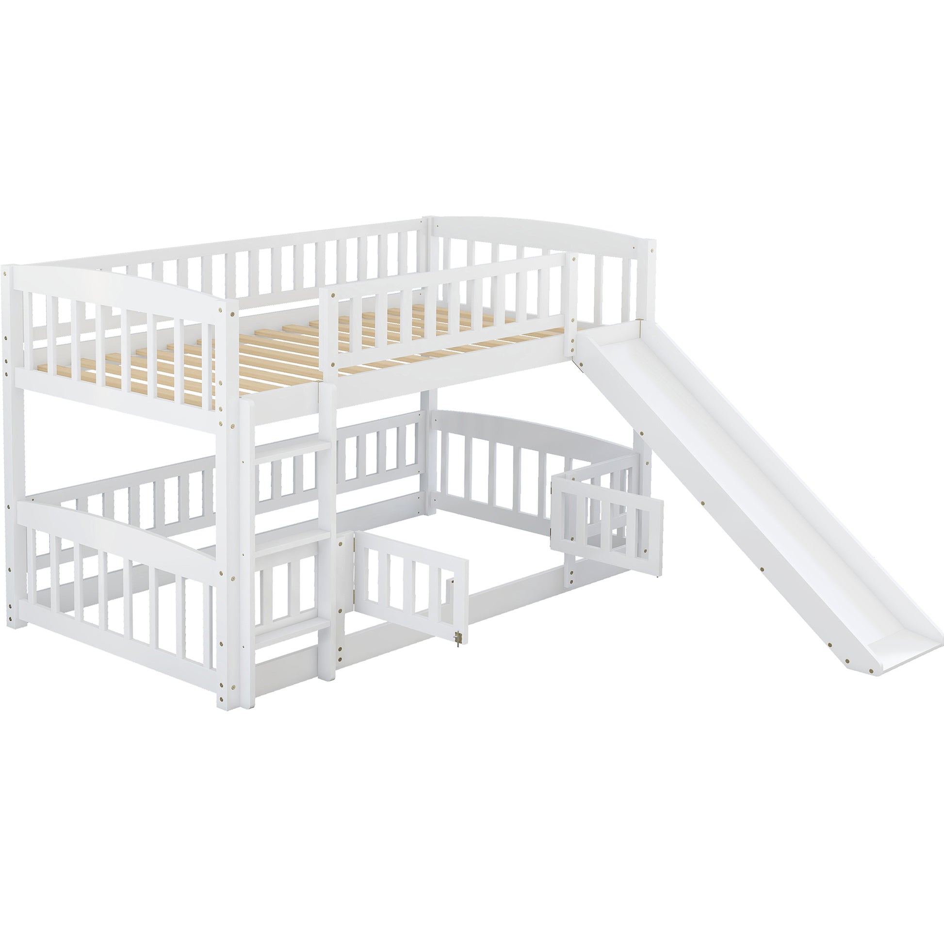 Bunk Bed With Slide,Twin Over Twin Low Bunk Bed With Fence And Ladder For Toddler Kids Teens White White Solid Wood