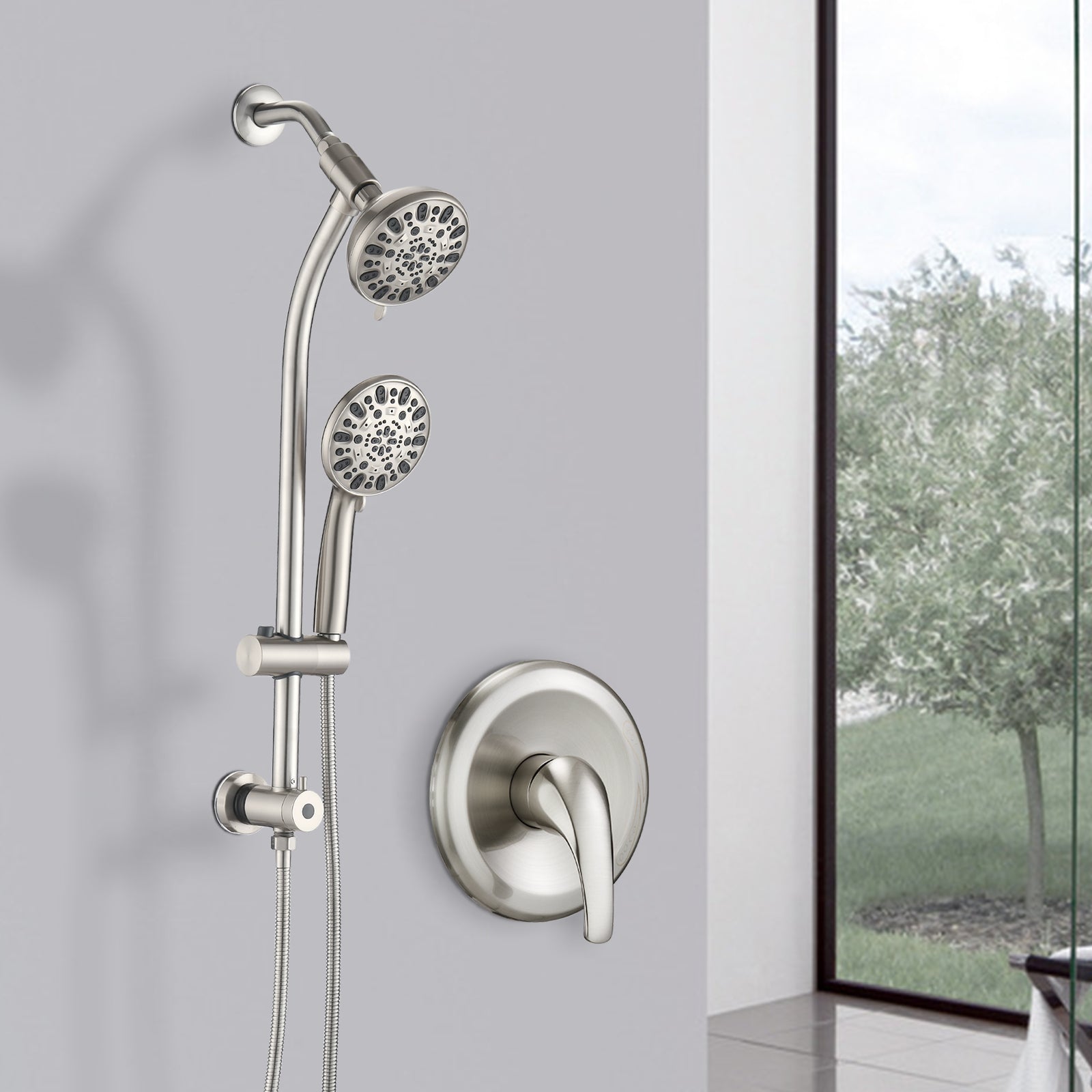 Drill Free Stainless Steel Slide Bar Combo Rain Showerhead 7 Setting Hand, Dual Shower Head Spa System Rough In Valve Included Brushed Nickel Abs