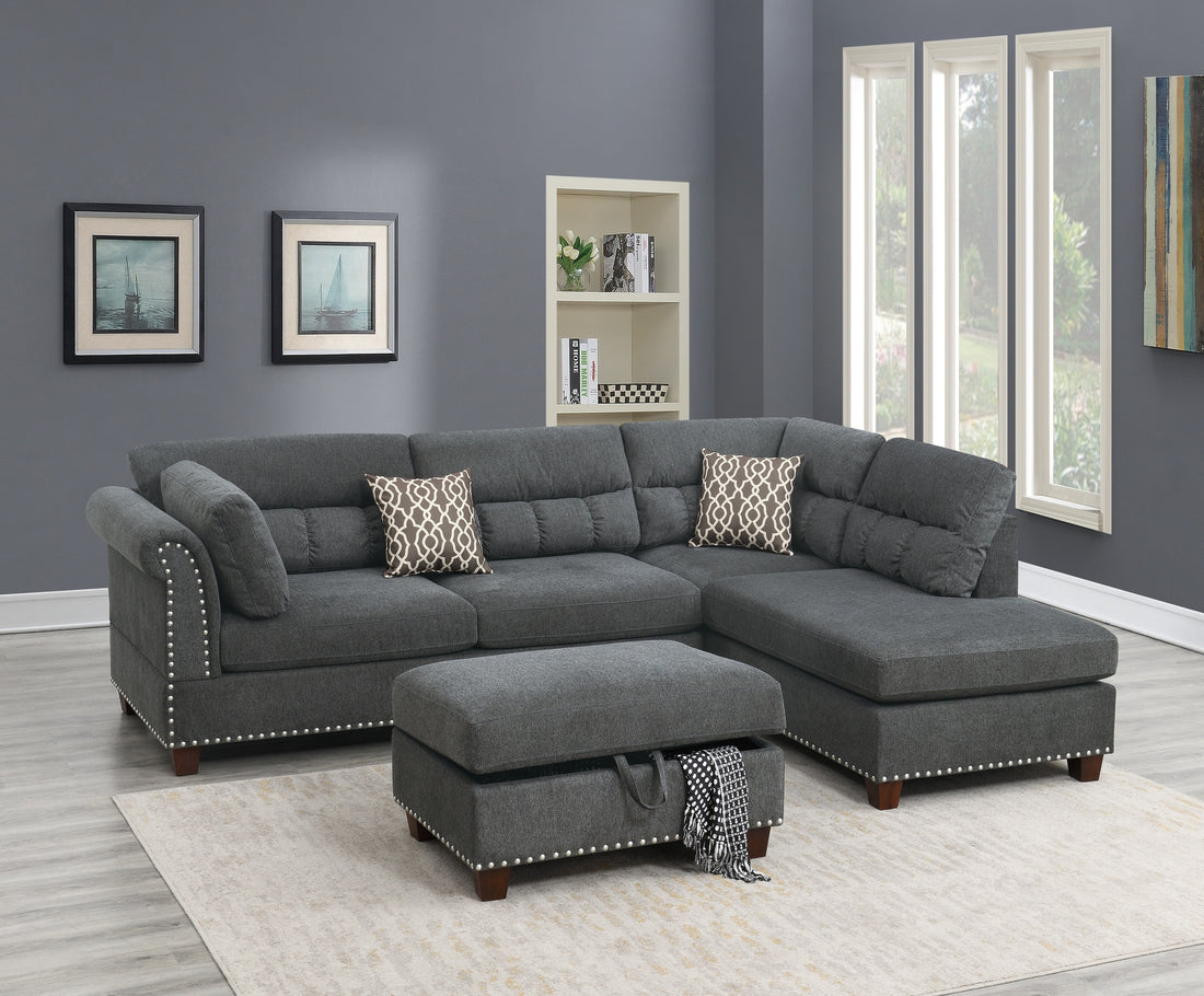 Sectional Sofa Slate Color Velvet Fabric Reversible Chaise Sofa Sectional W Pillows Cocktail Storage Ottoman 3Pc Set Grey Mix Velvet Wood Primary Living Space Cushion Back Contemporary,Modern Pillow Top Arms Velvet 5 Seat